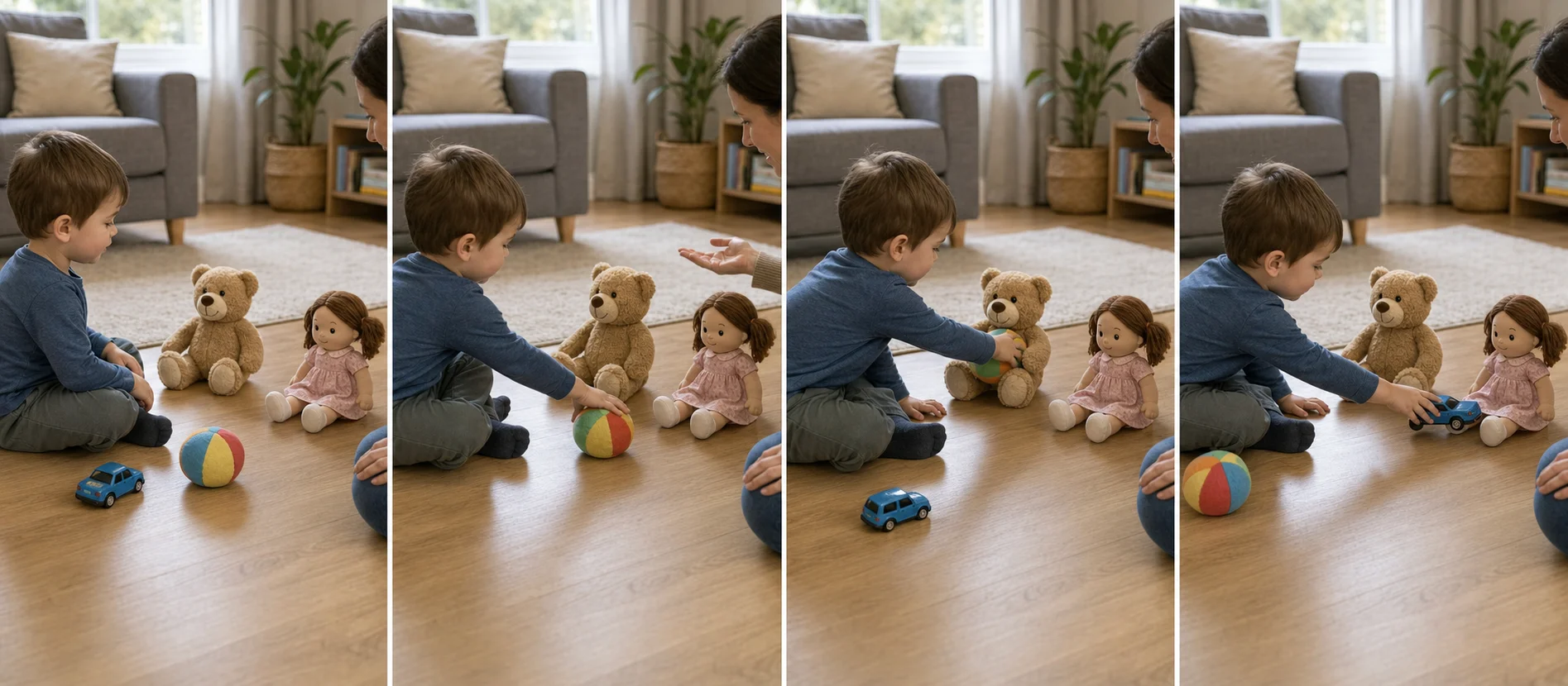 A four-panel sequence showing teddy and dolly set up on the floor, a grown-up giving a short cue, the child passing the named toy to the right friend, and the objects returning for the next turn.