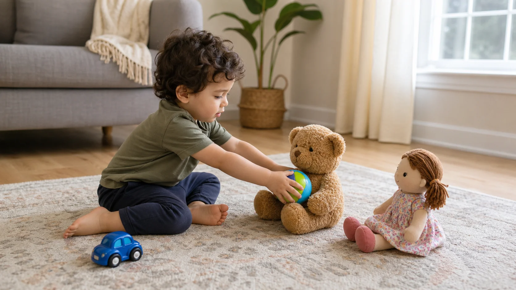 A toddler sitting on the floor passes a small ball toward a teddy while a grown-up sits nearby with a doll and toy car visible.