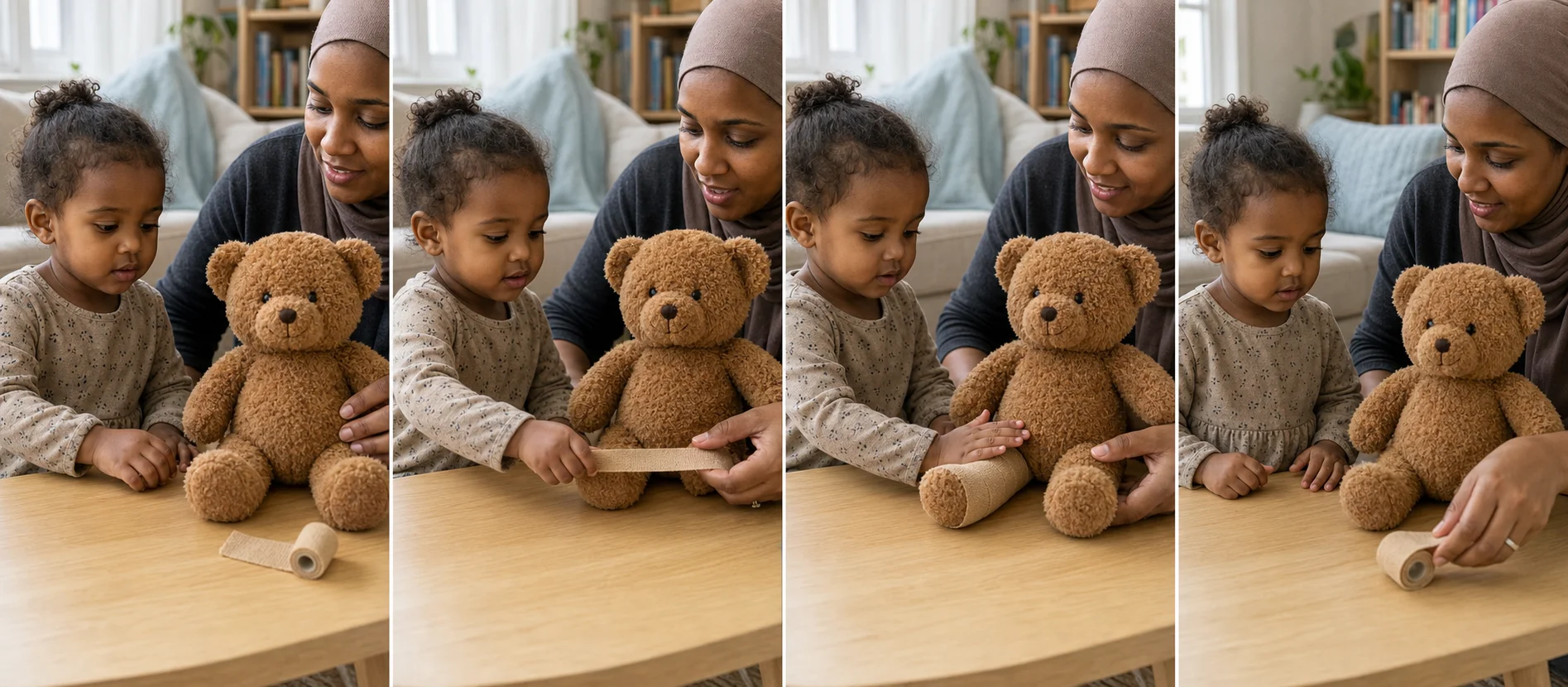 A multi-panel sequence showing a child wrapping teddy's leg, patting the cast smooth, unwrapping it, and starting another turn.