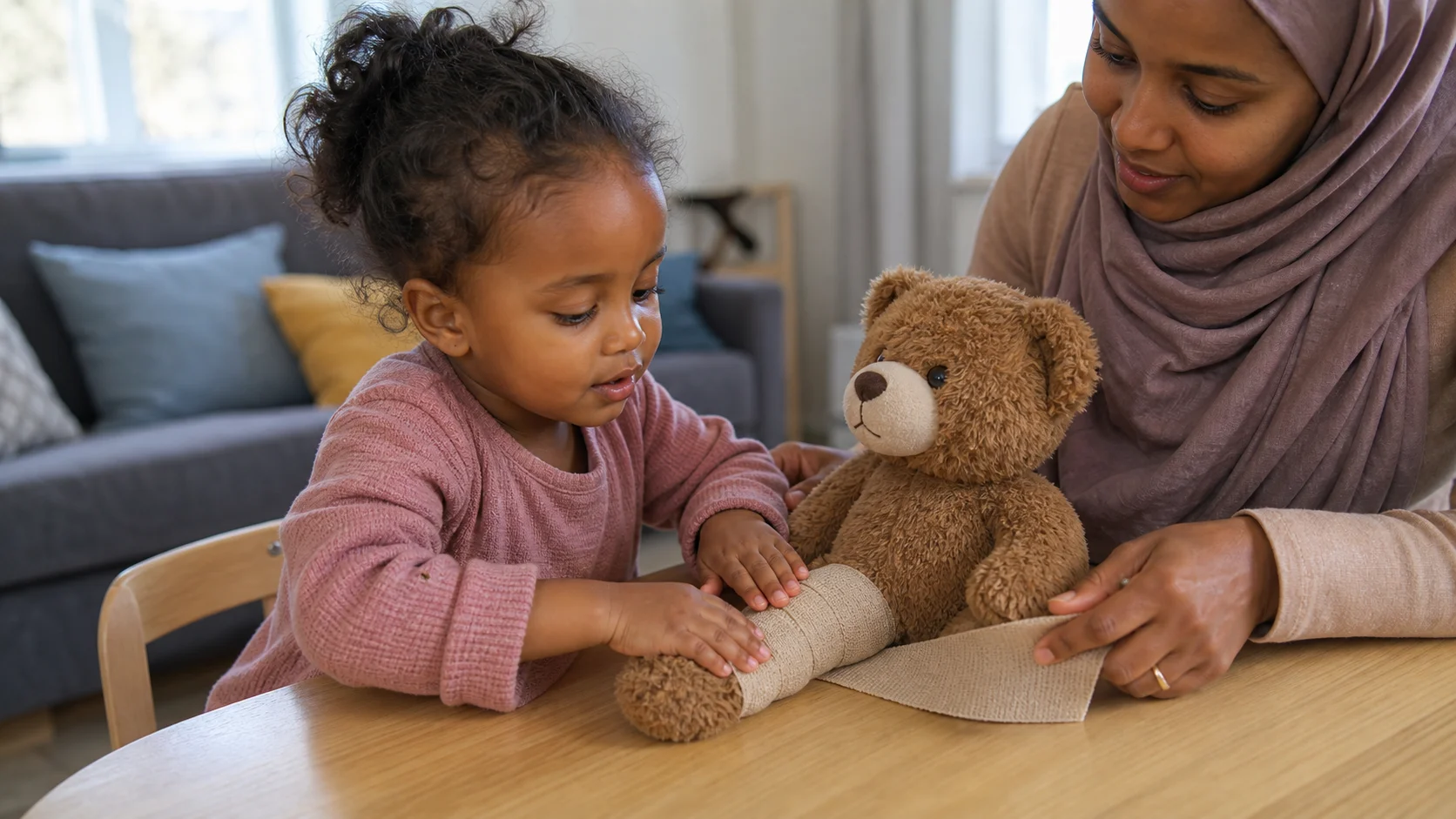 A toddler holding a soft wrap strip around a teddy bear's leg while a grown-up steadies the bear at a low table.