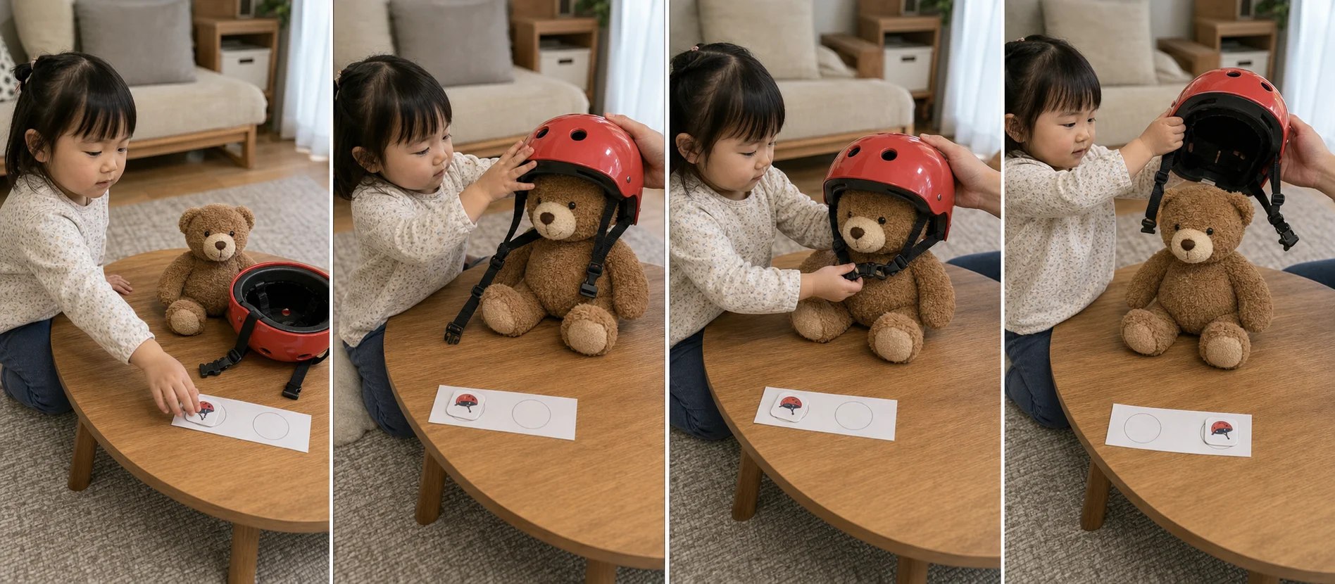 A multi-panel sequence showing a child placing a helmet on teddy, touching or clicking the strap, moving a card to done, and opening the strap again.