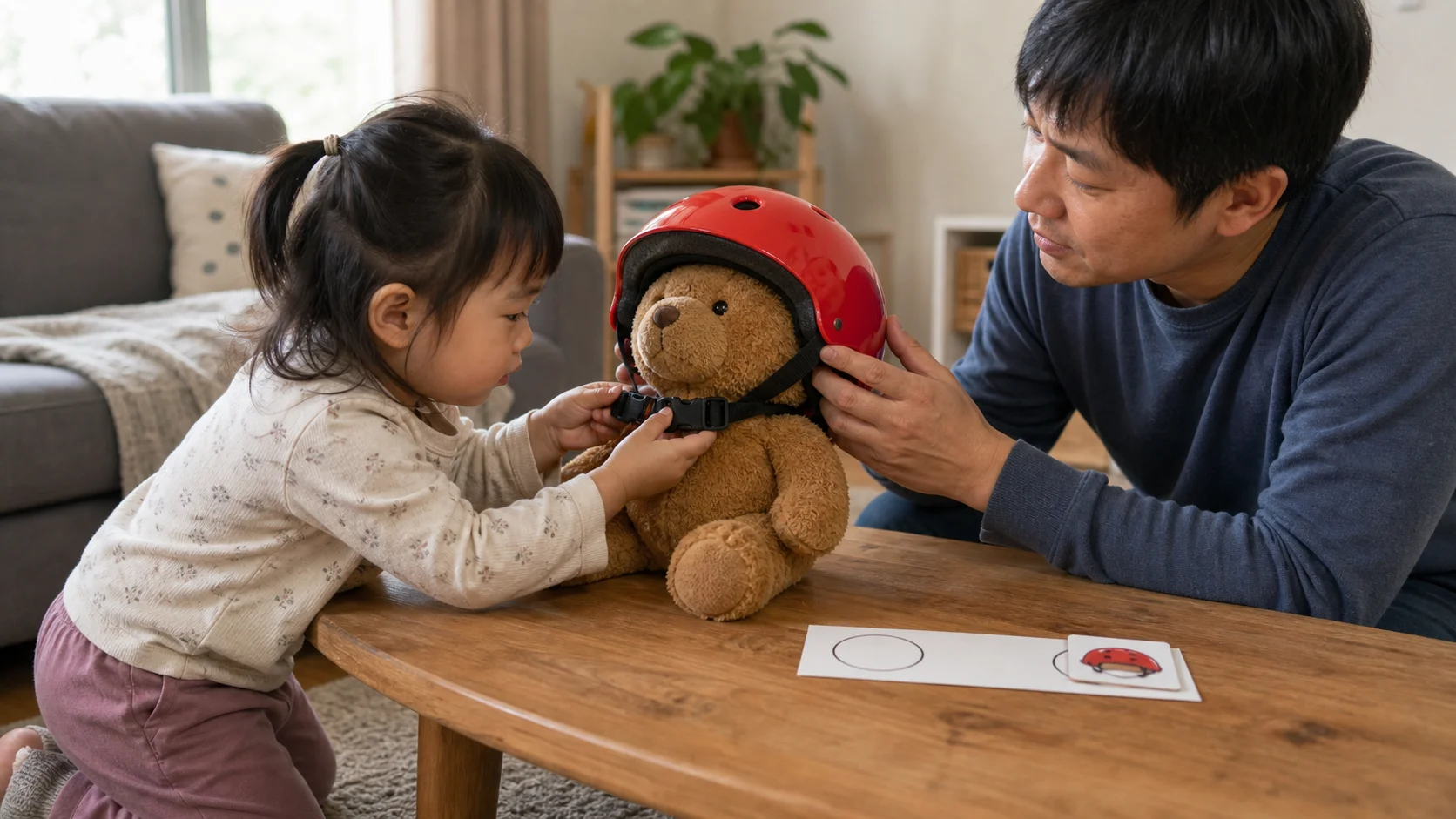 A toddler at a low table resting a bike helmet on a teddy while a grown-up steadies the strap for one calm click.