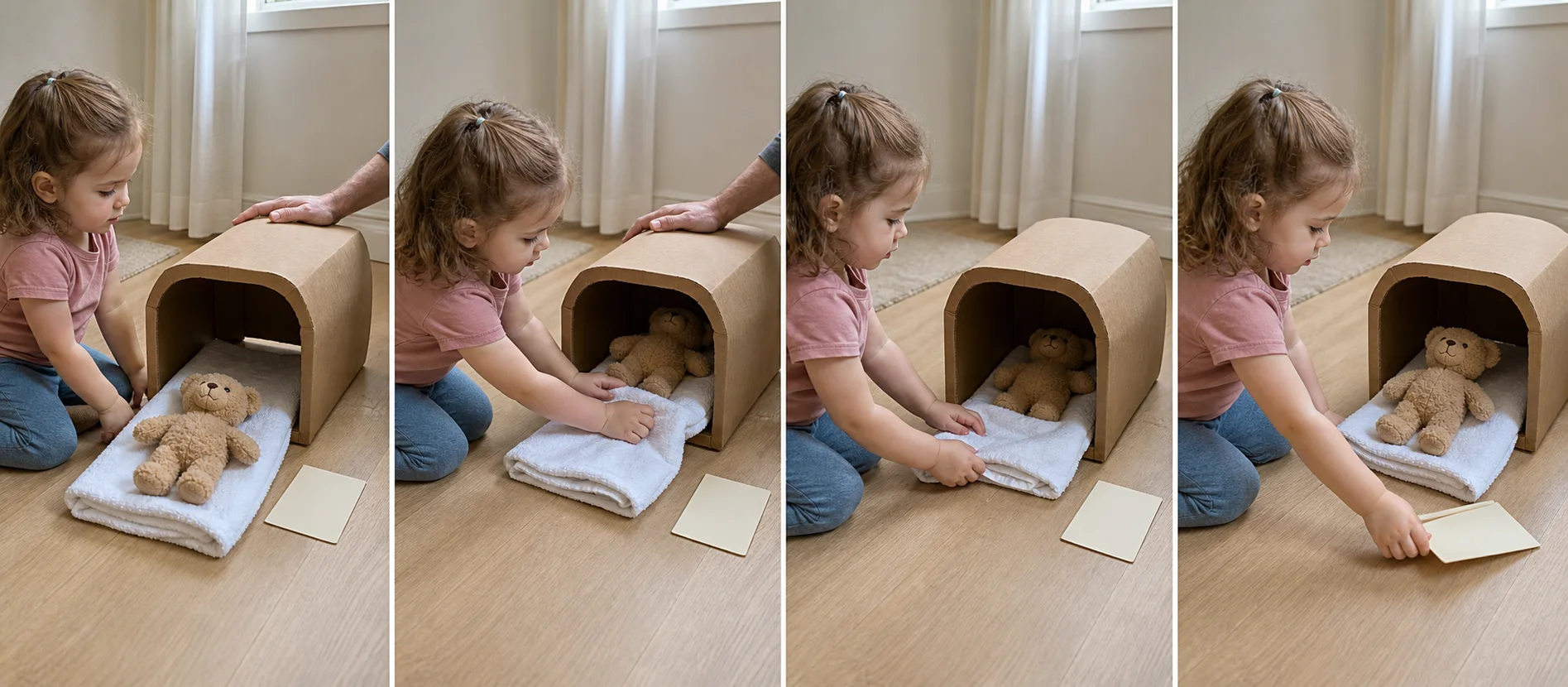 Multi-panel sequence showing teddy at the tunnel entrance, a child sliding teddy inside, a short still count, a scanner card flip, and teddy reset for another round.