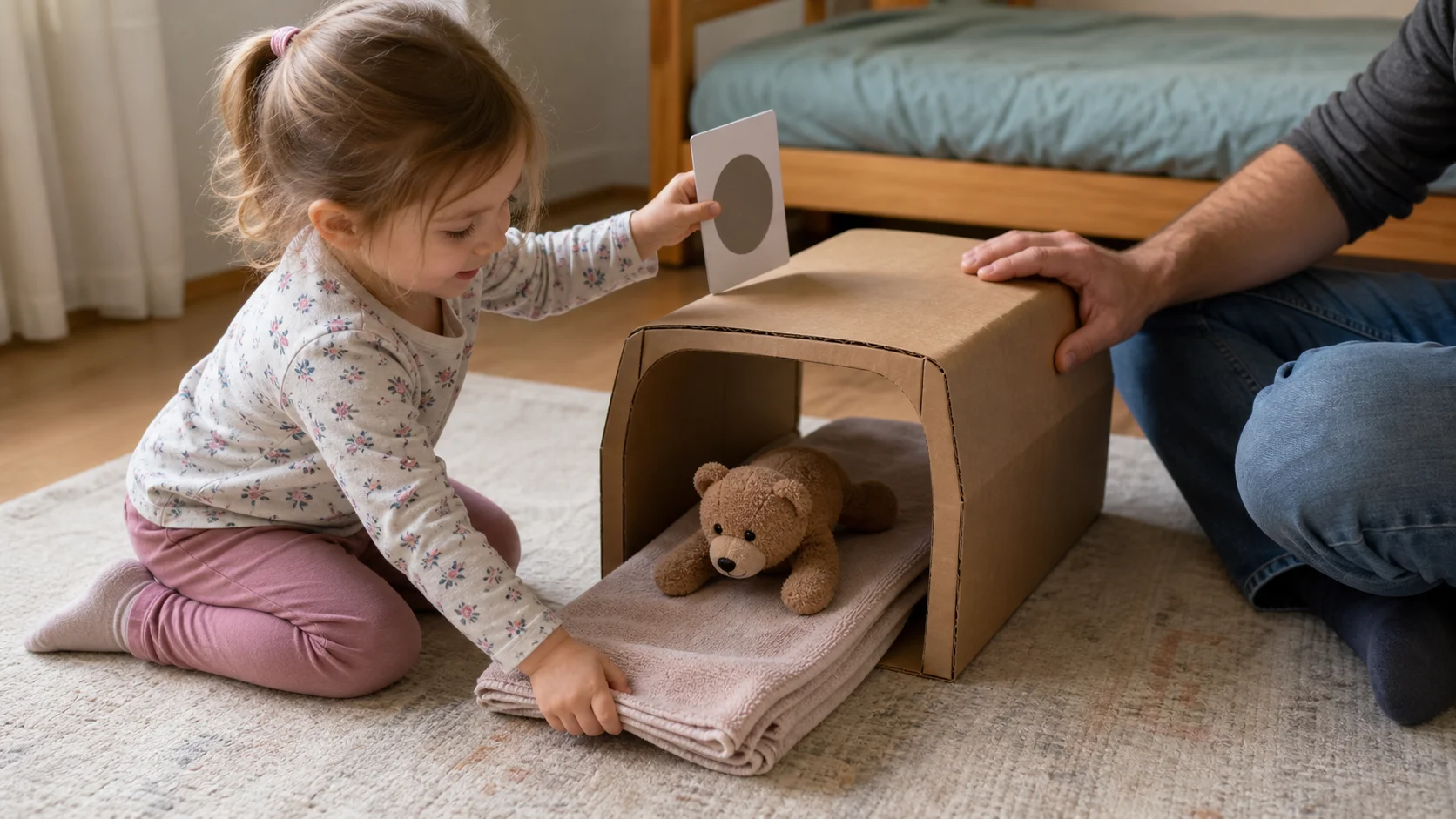 Toddler sliding a teddy on a towel through a cardboard MRI tunnel while a scanner card waits beside the entrance.