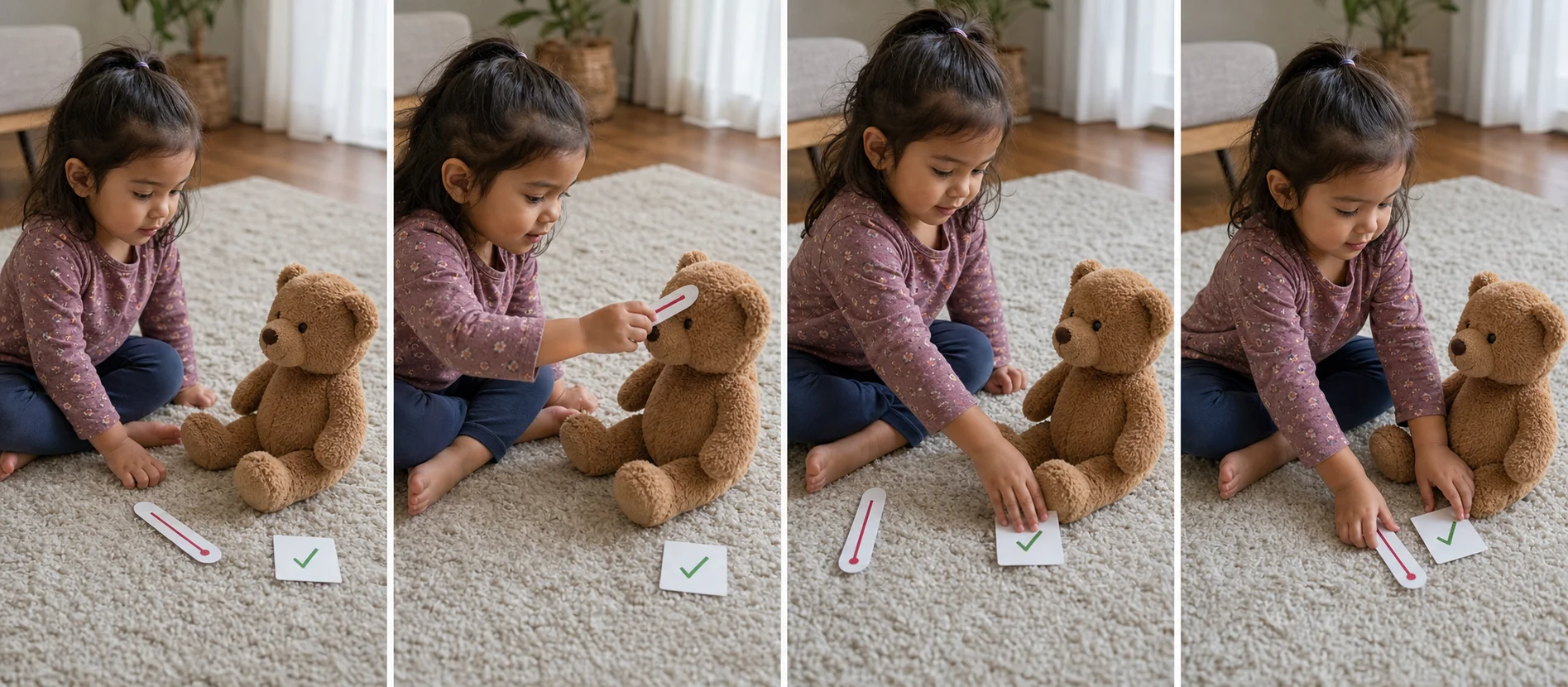 Multi-panel sequence showing teddy ready for a check, a child tapping teddy's forehead, the done card sliding to finish, and both props reset for another round.