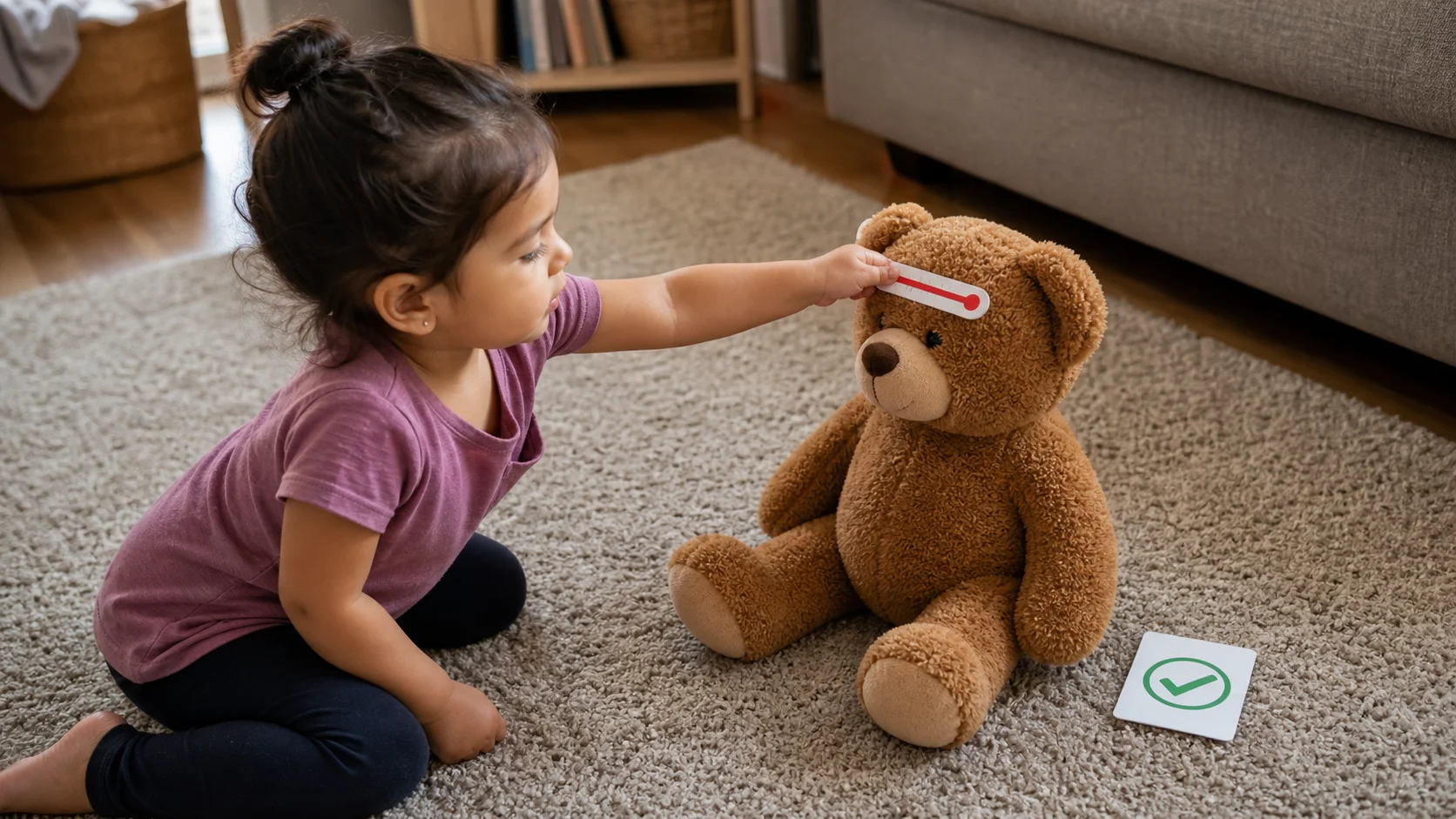 Toddler tapping a teddy bear's forehead with a pretend thermometer while a done card rests beside the bear.