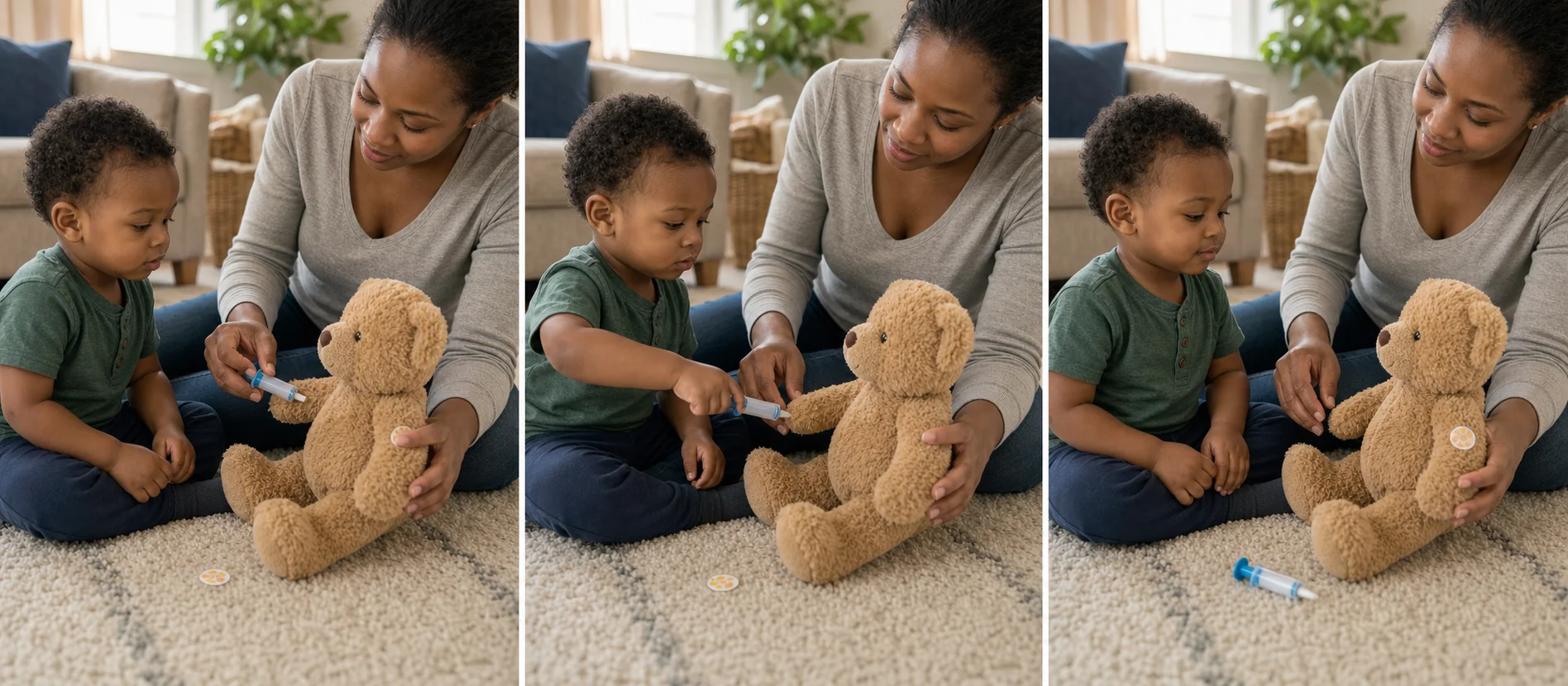 A three-panel sequence showing a grown-up modeling a pretend teddy shot, a toddler copying the shot, and both pausing for a short still-body count after the sticker.