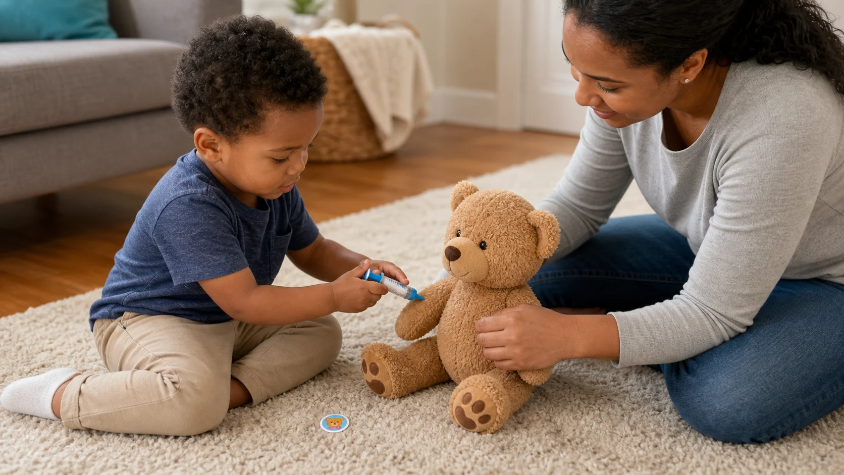 A toddler and grown-up sitting with a teddy bear, using a toy medicine syringe for one gentle pretend shot before adding a sticker.