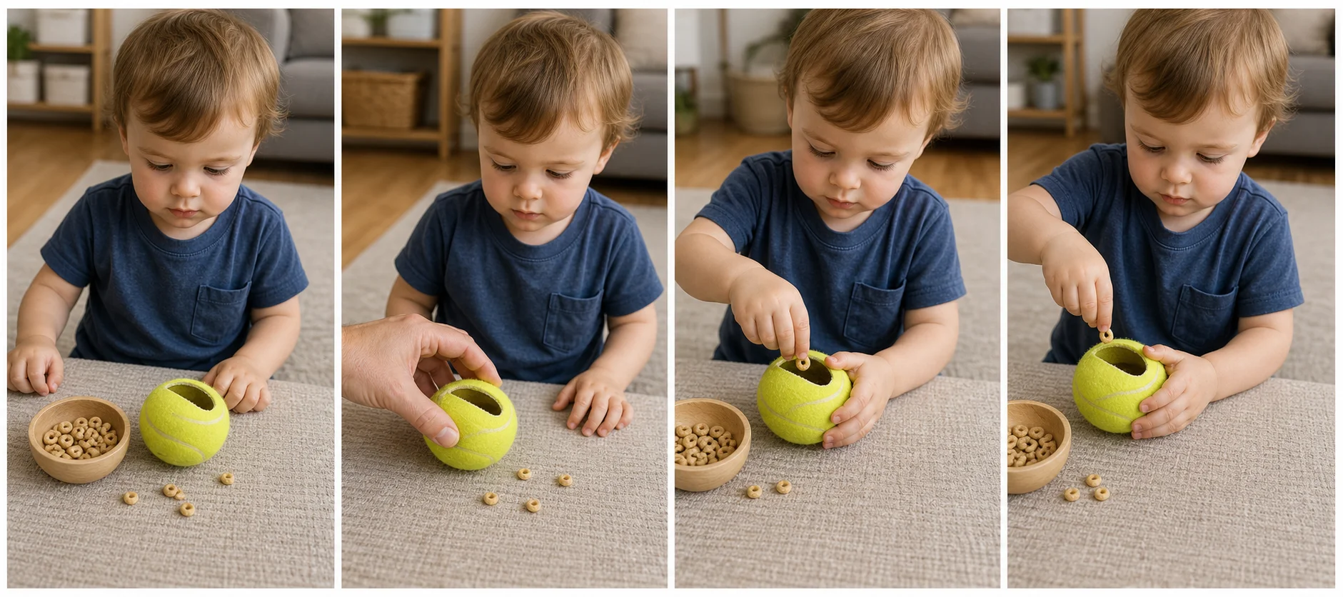 Four panels showing the tennis ball and feed pieces set out, a grown-up opening the ball once, a child dropping one object into the mouth, and the child repeating the feed loop.