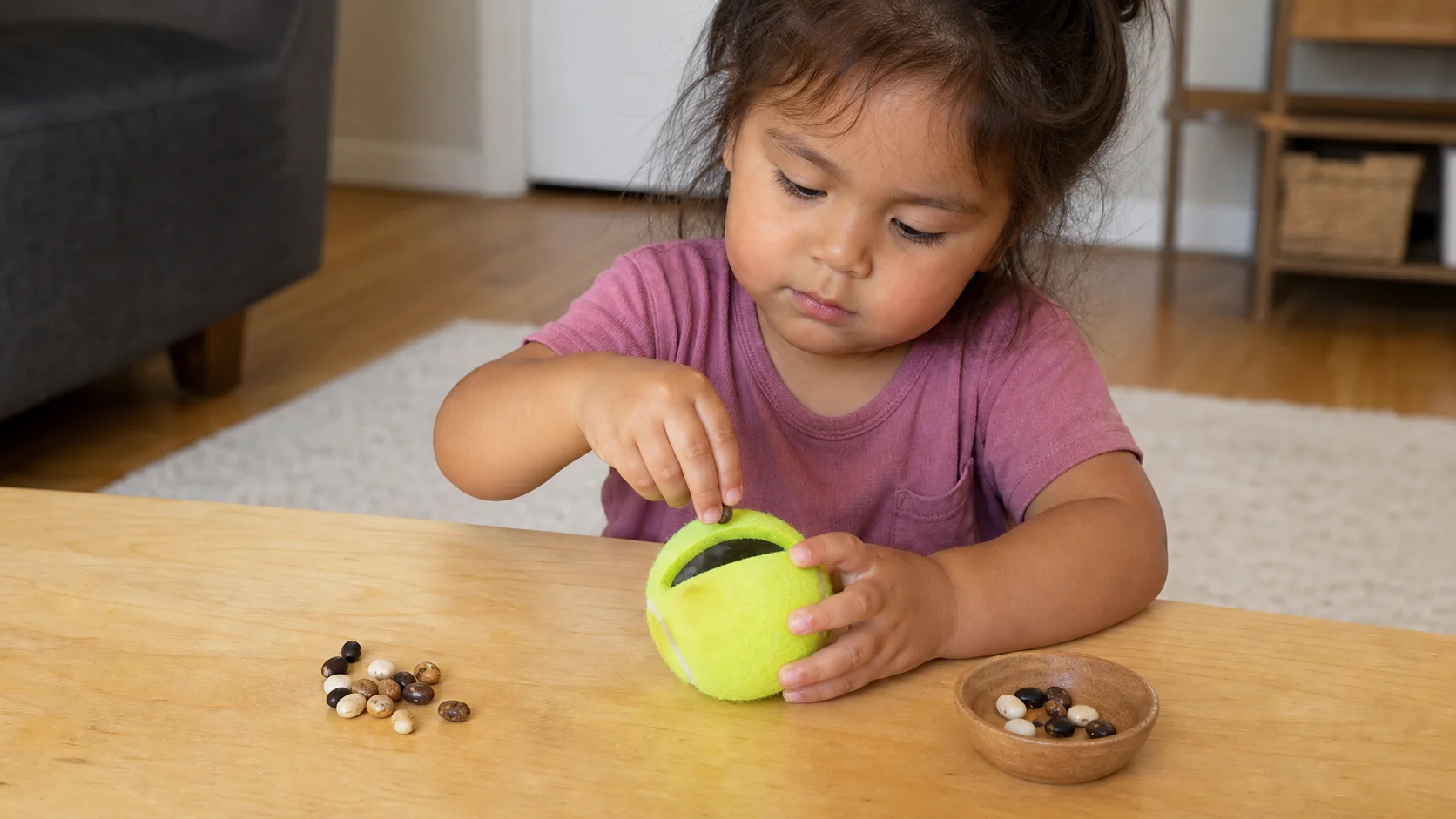 A toddler sitting at a low table and dropping one small object into a cut tennis ball while a small bowl of feed pieces sits beside it.