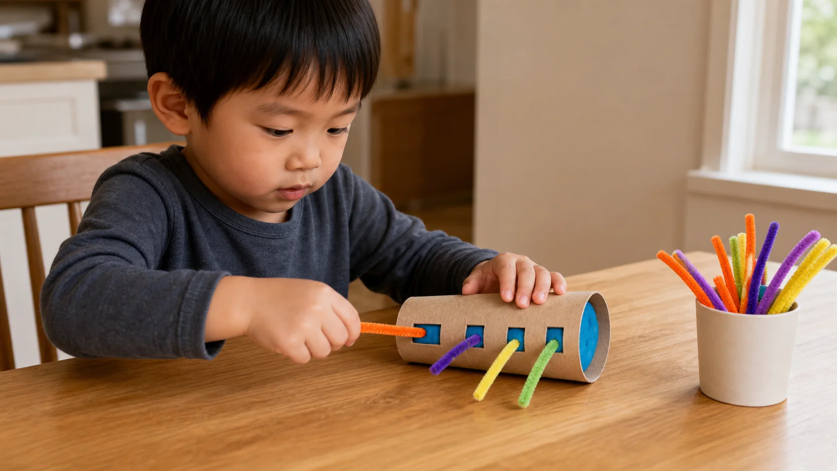 Preschool child holding a slit paper roll steady with one hand while pushing a pipe cleaner into the opening.