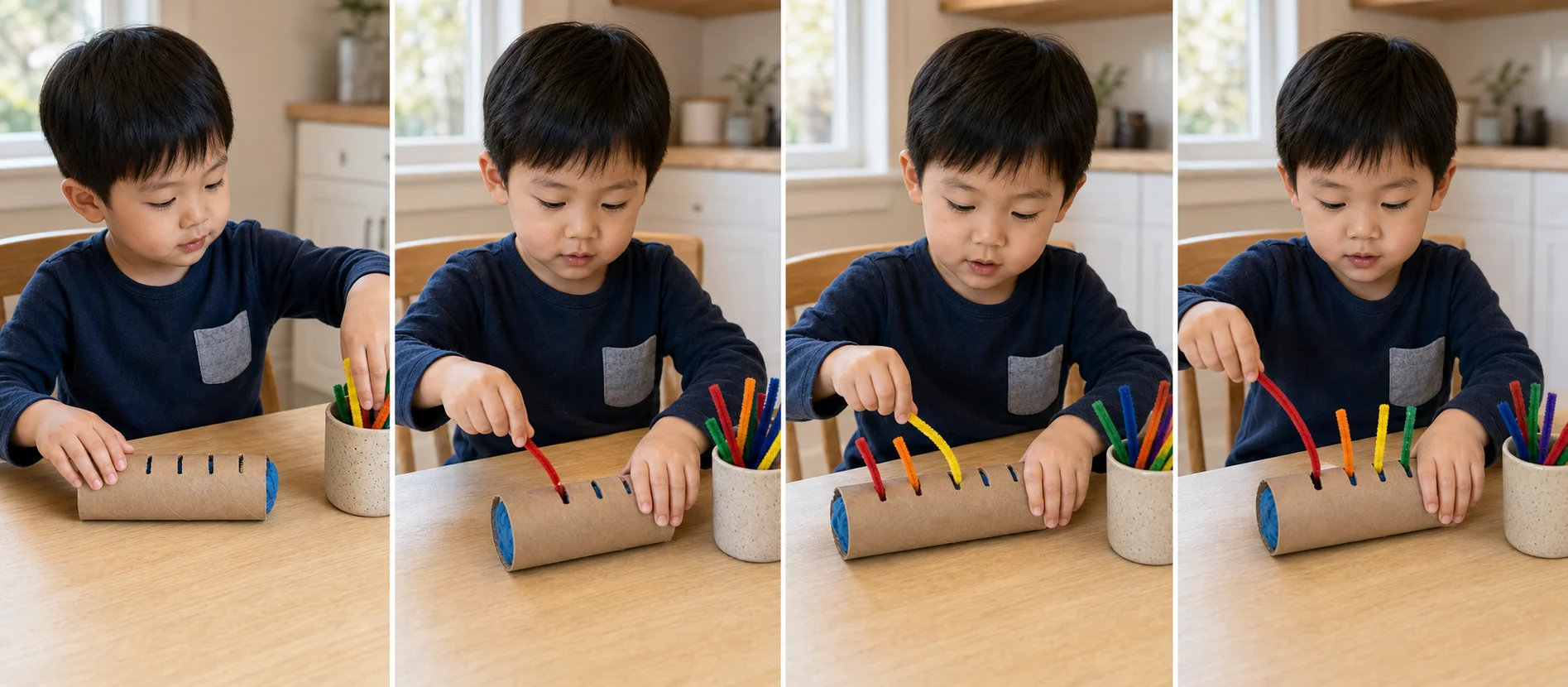 Three-step play sequence showing a child holding the tube, pushing pipe cleaners through the slits, and pulling them out to reset.