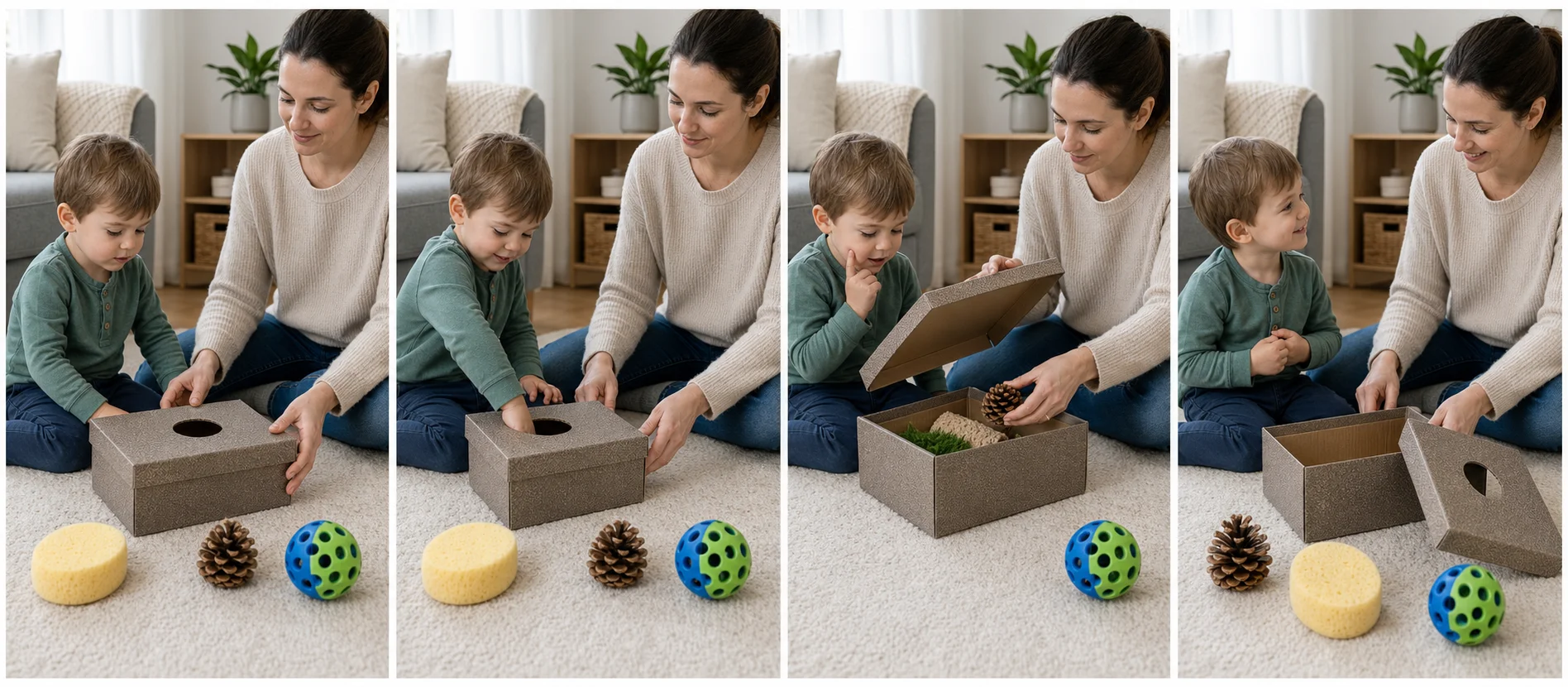 A four-panel sequence shows a grown-up setting out the textured shoe box, a child reaching in to feel one hidden object, guessing, and then checking the object after the reveal.