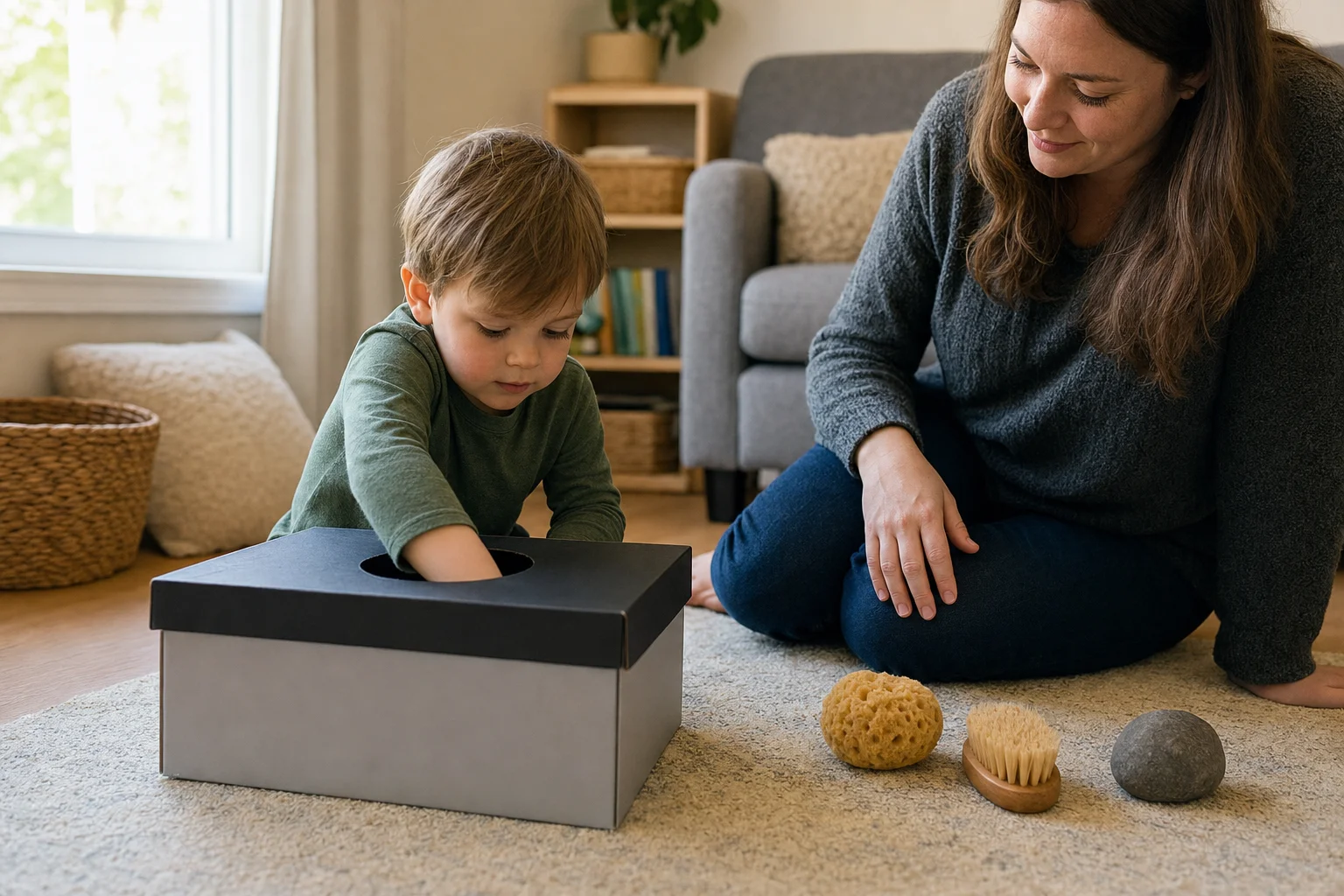 A young child reaches one hand into a shoe box with a hand hole while a grown-up sits nearby and a few familiar objects wait beside the box.