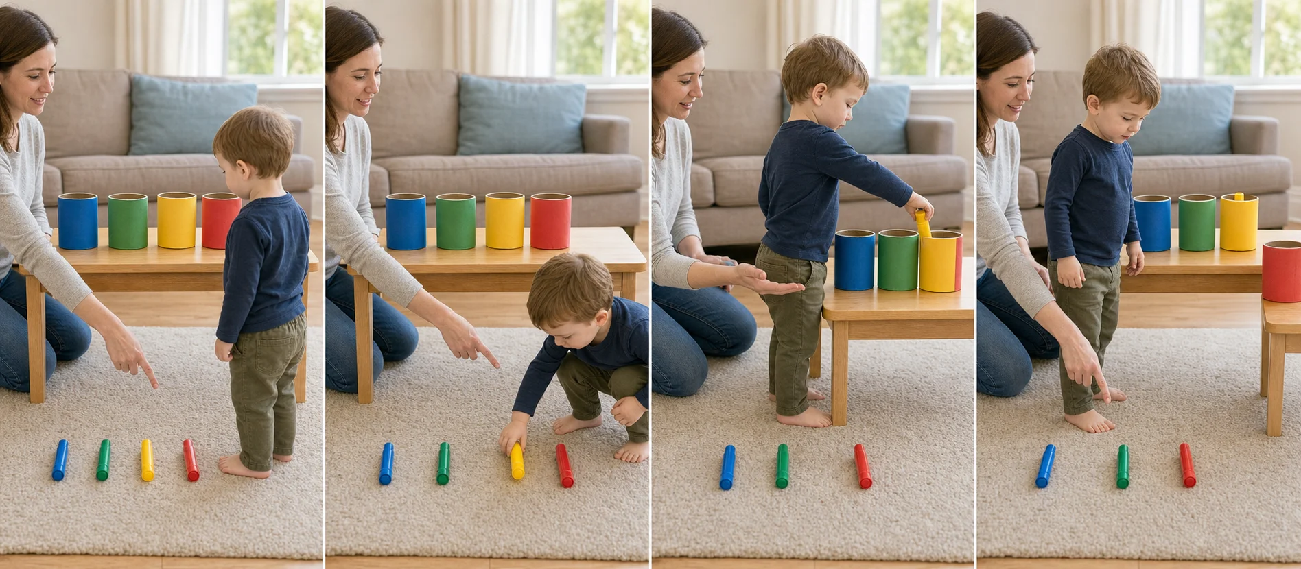 A multi-panel sequence showing a child picking up one marker, standing, dropping it into the matching can, and resetting for another turn.