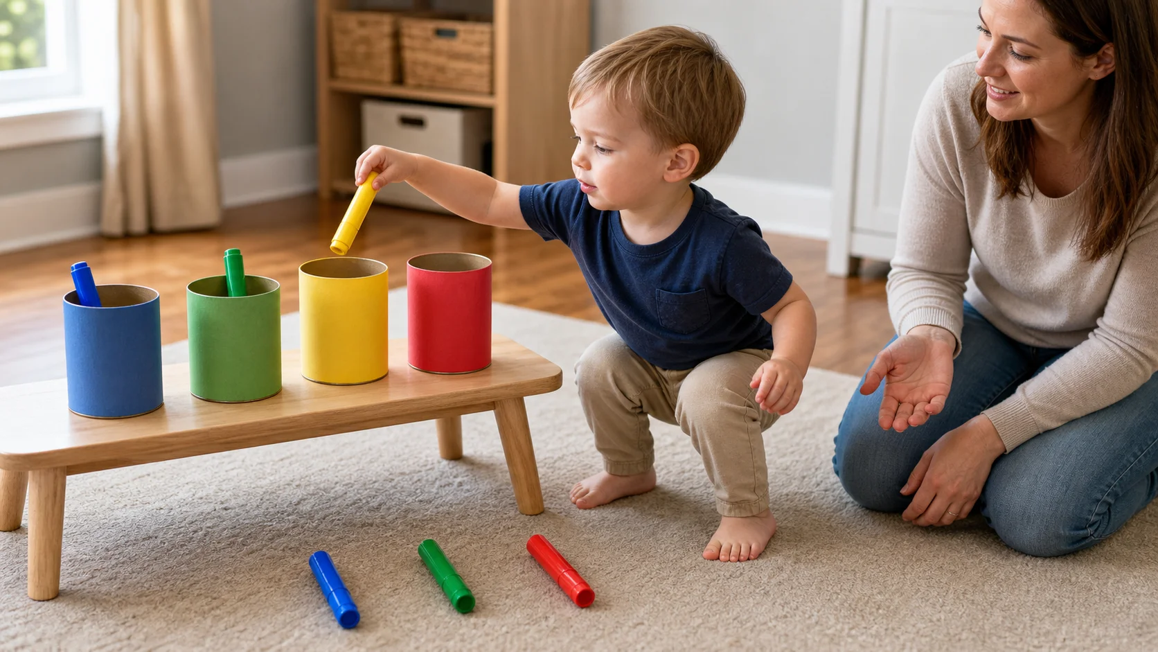 A toddler squatting to pick up a colored marker from the floor beside a low table with matching colored cans.