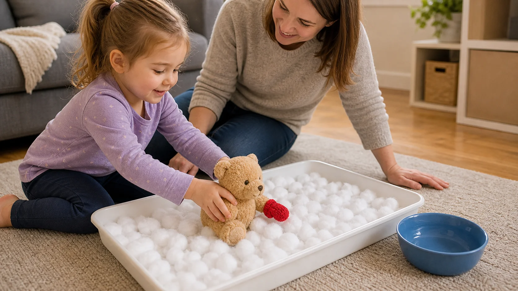 A child placing a tiny mitten on a stuffed animal beside a tray of cotton-ball snow with a small bowl at the finish.