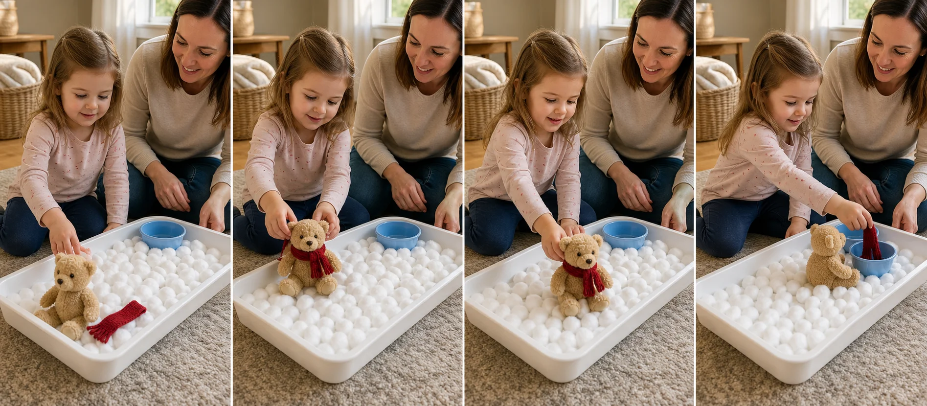 Four panels show a child dressing a stuffed animal with a mitten or scarf, walking it through cotton-ball snow, dropping the gear in a bowl, and resetting for another turn.