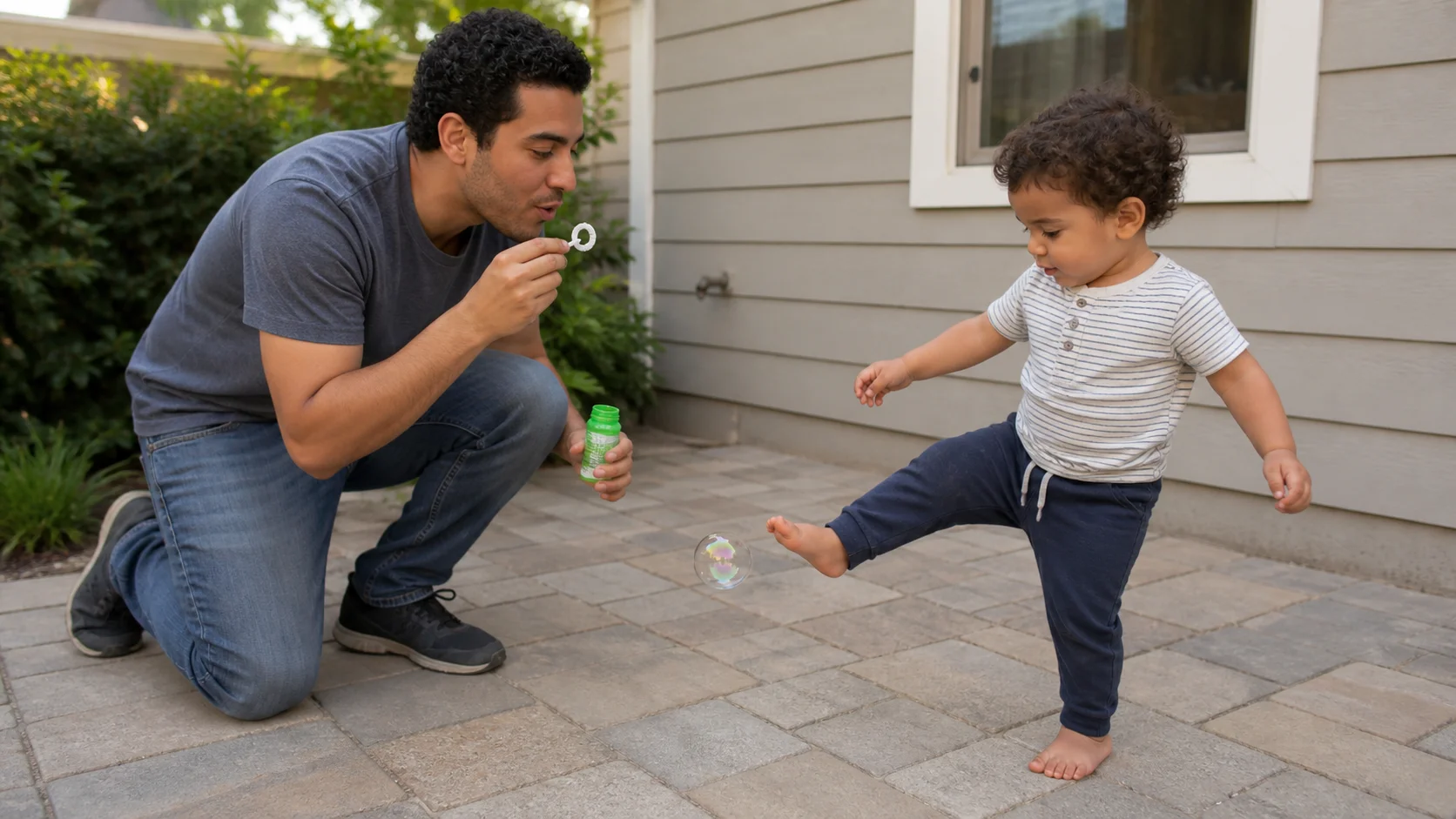 A toddler balances on one foot and reaches with the toes toward a low bubble while a grown-up kneels nearby with the bubble wand.