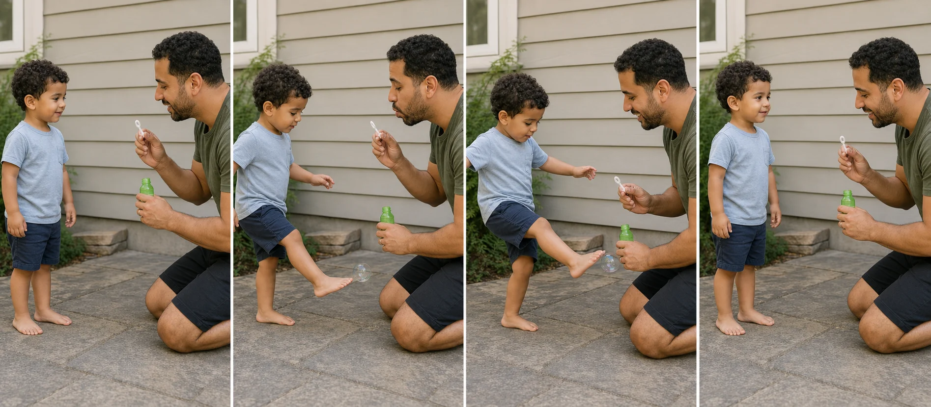 A multi-panel sequence shows a grown-up blowing a low bubble, a child lifting one foot to toe-pop it, and both feet resetting before the next turn.