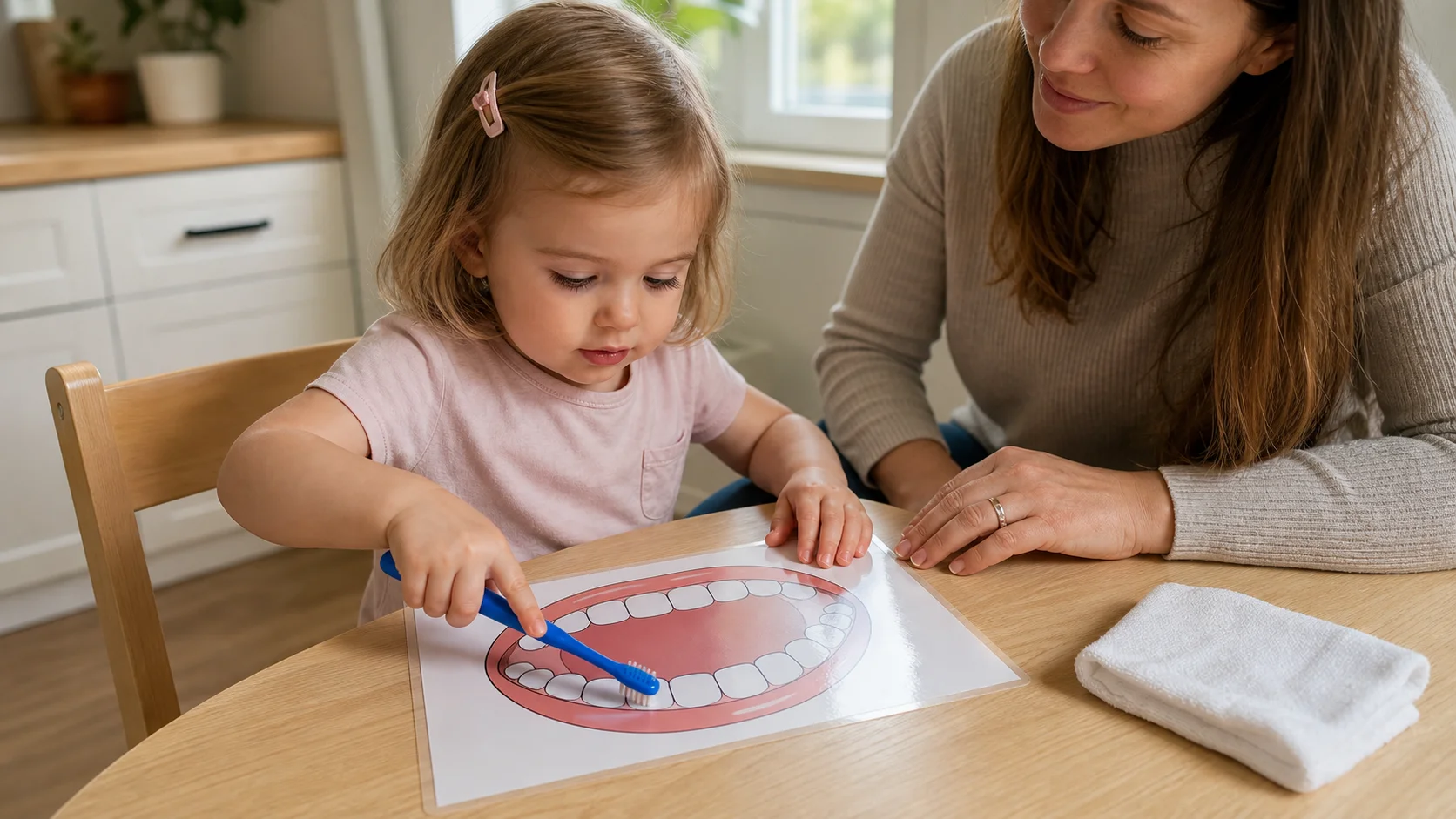 A toddler at a low table tapping a tiny toothpaste dot on a tooth card with a dry child-sized toothbrush while a cloth waits beside the card.