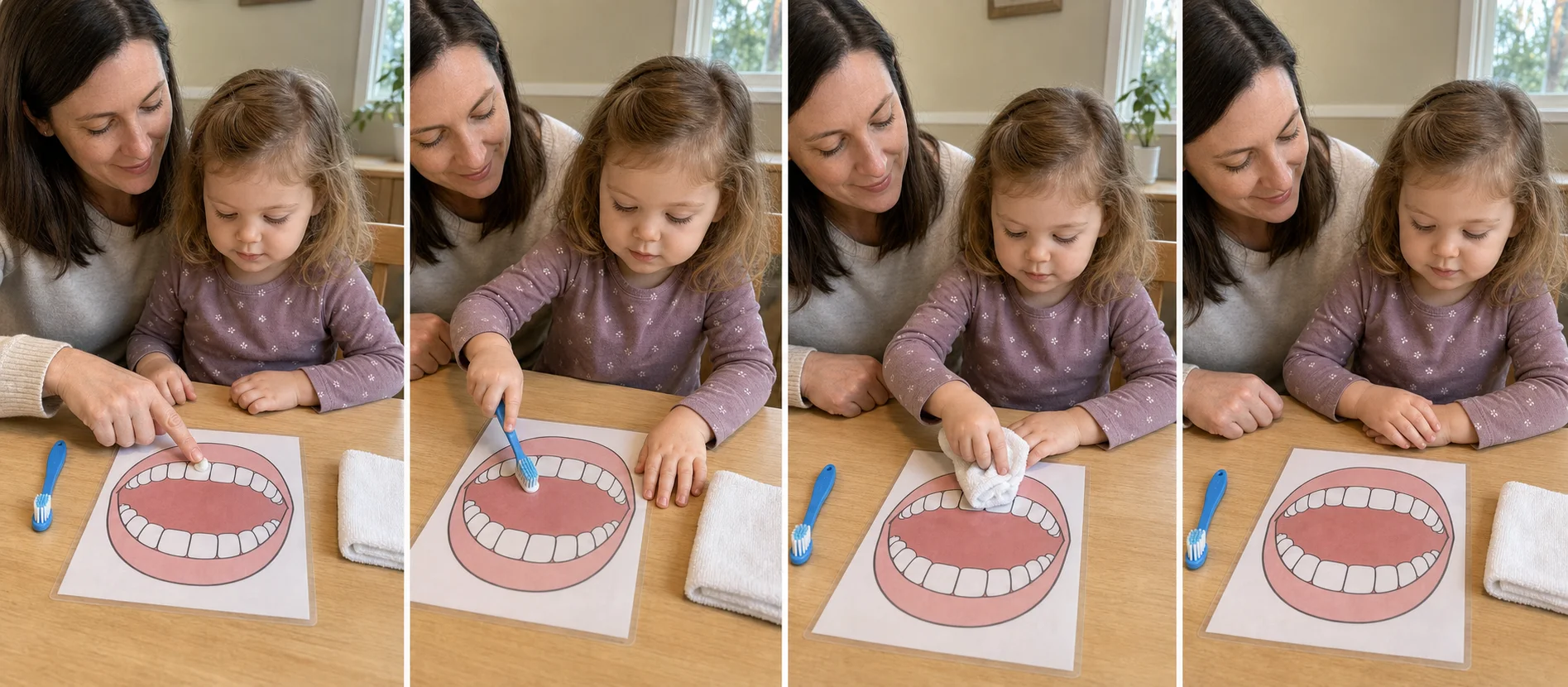 A multi-panel sequence showing a child spotting a toothpaste dot on a tooth card, tapping it with a dry toothbrush, and wiping the card clean.