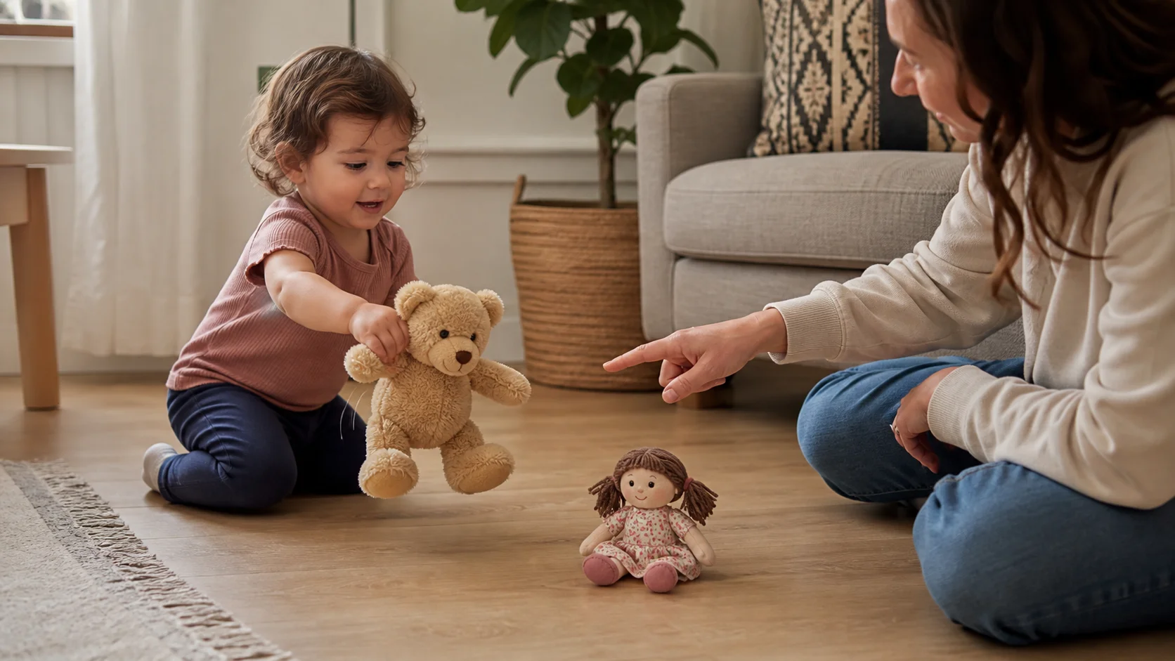 A toddler on the floor moving a small teddy while a grown-up points to a doll beside it during a simple action-word game.