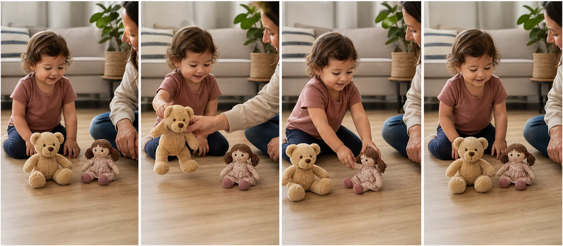 Four panels showing two toys set side by side, a grown-up modeling teddy jump, a child making dolly sit, and both toys returning to the start for another cue.