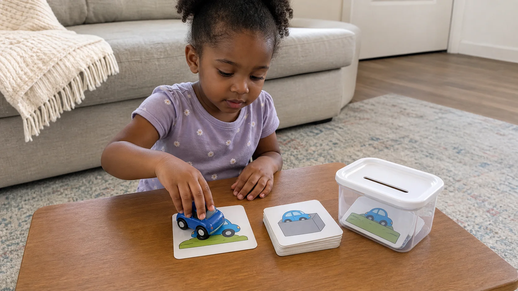 A toddler using a toy to copy an action card beside a small finished container.