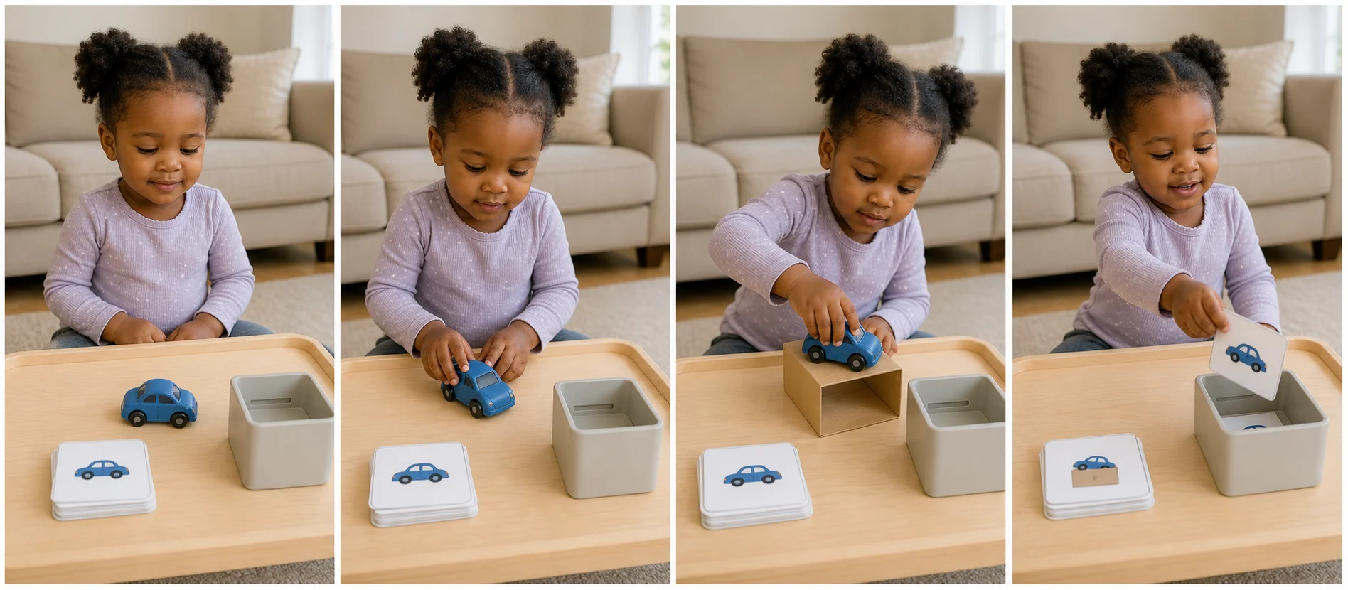 Four panels showing the toy and card setup, one card displayed, the toy copying the pictured action, and the finished card dropping into a container.