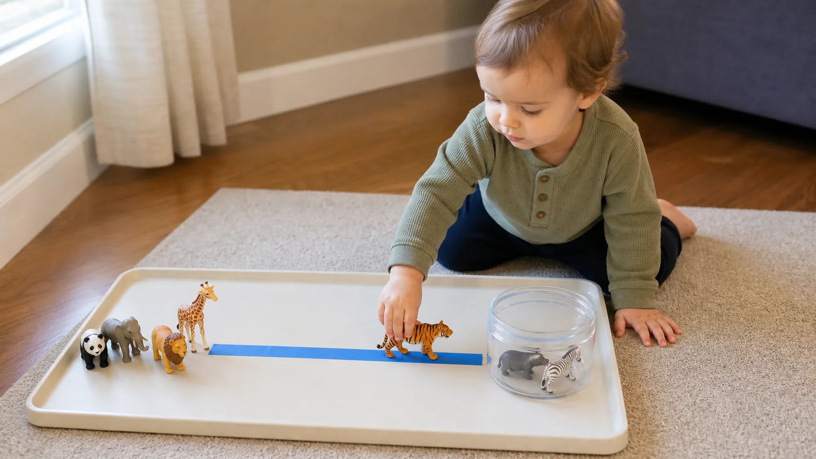 A toddler sitting beside a simple path board and moving one toy animal toward a clear bowl at the end.