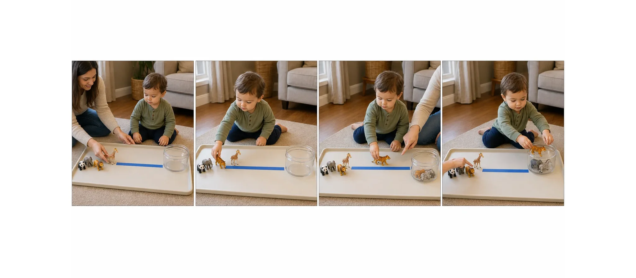 Four panels showing a grown-up placing a path board and bowl, setting the animal at the start, a child moving the animal along the path, and the animal dropping into the bowl.