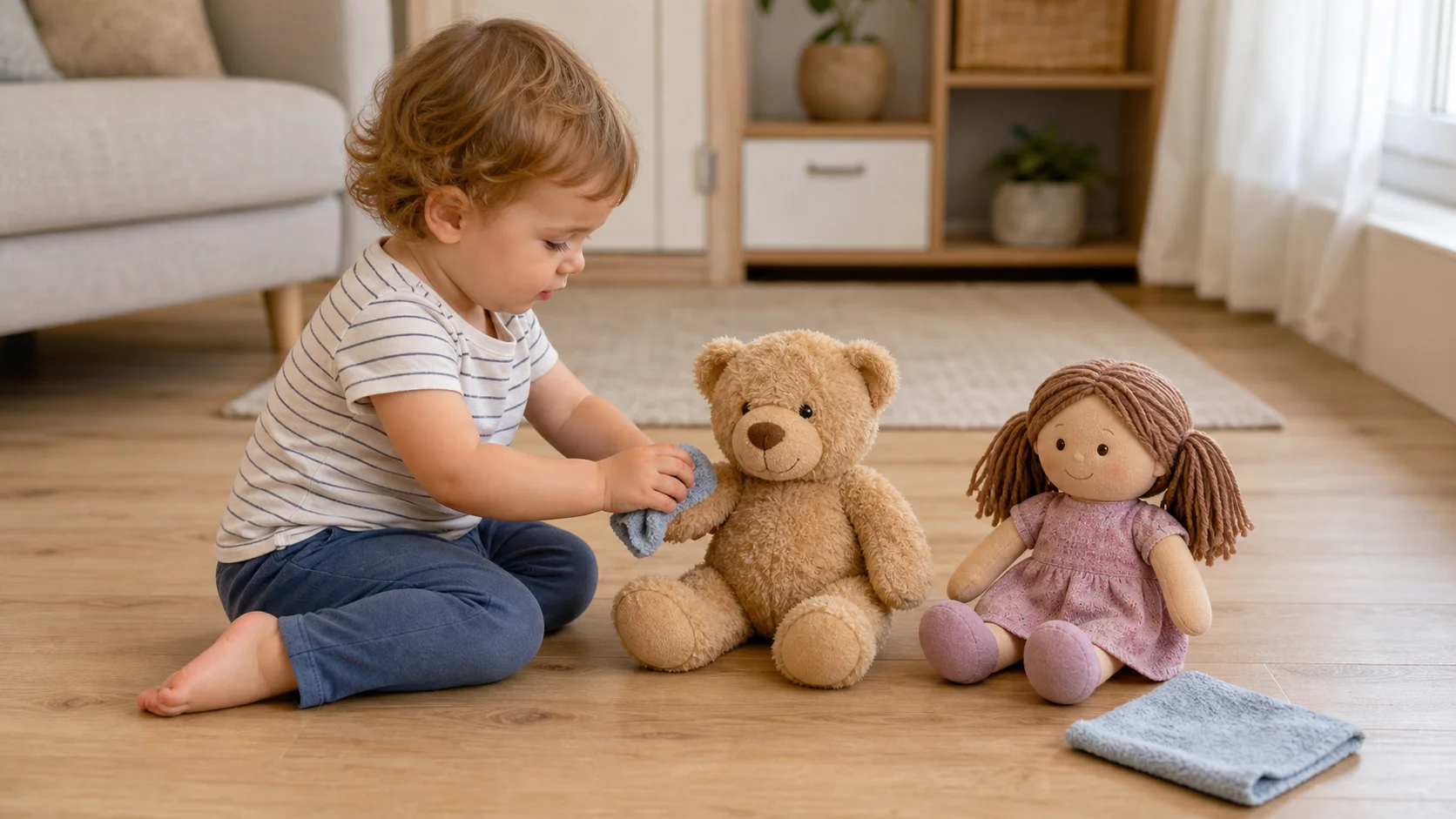 A toddler sitting on the floor wiping a teddy bear with a small cloth while a grown-up holds a doll nearby for the next pretend bath turn.