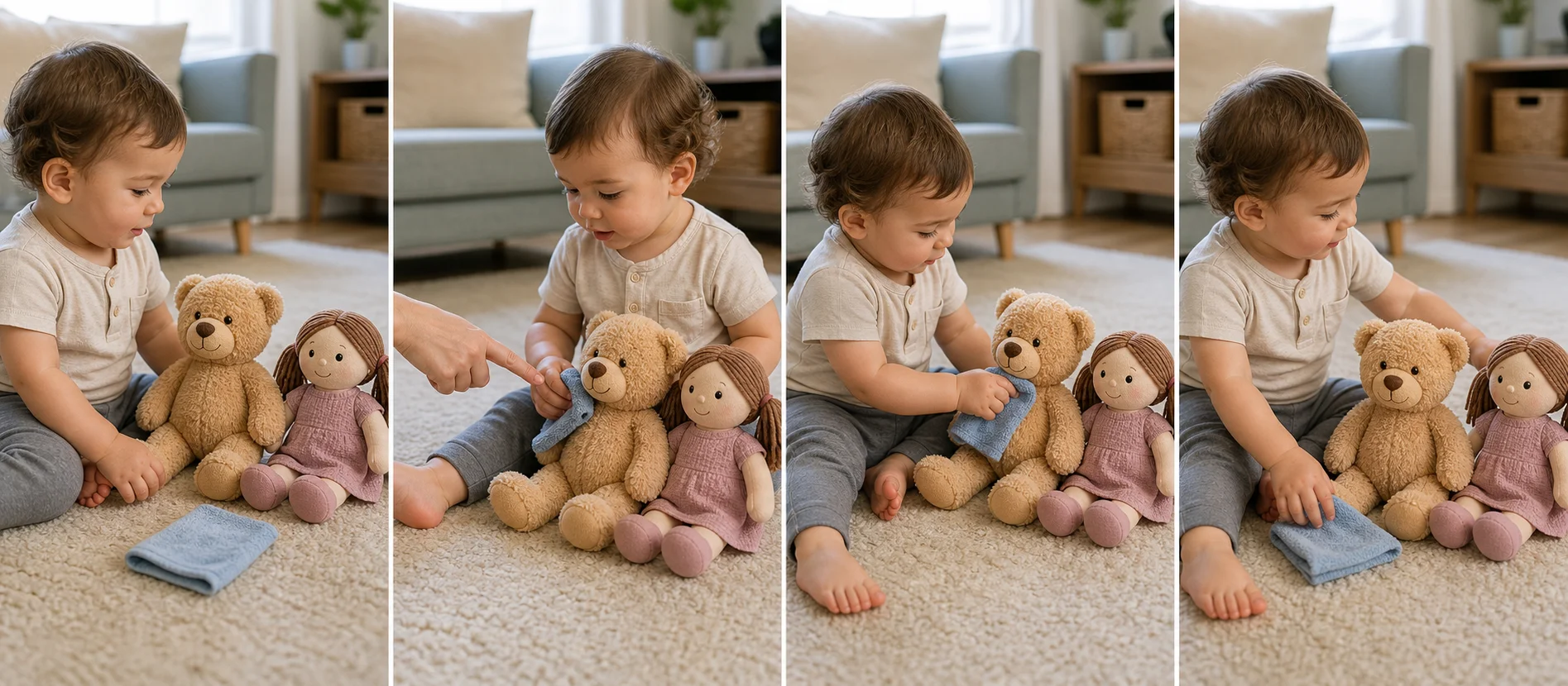 Four panels showing teddy and dolly set out with a cloth, a grown-up modeling one wipe, a child wiping the named toy body part, and the cloth returning for the next wash or dry prompt.