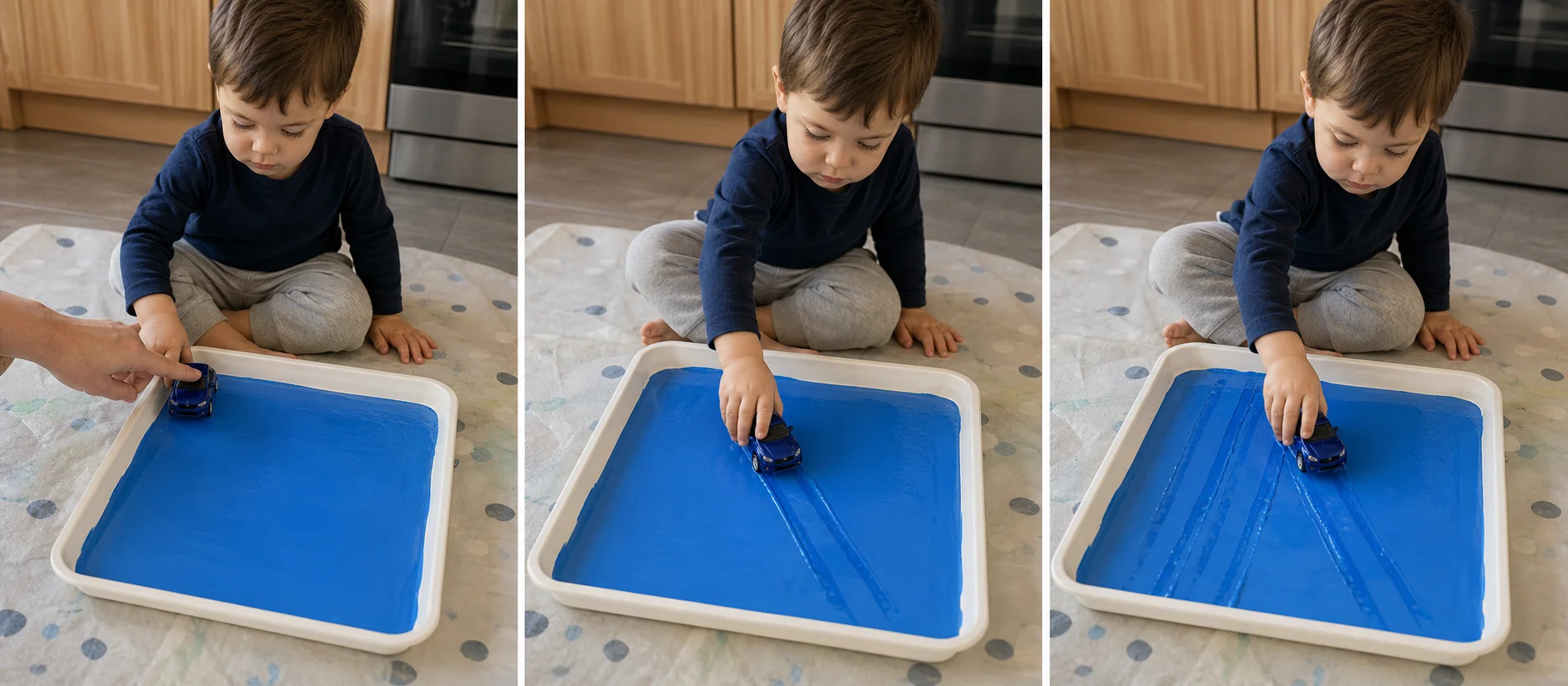 Multi-panel toddler activity showing a grown-up making one model car track in paint, the child pushing the car through the tray, and the tray reset for another short pass