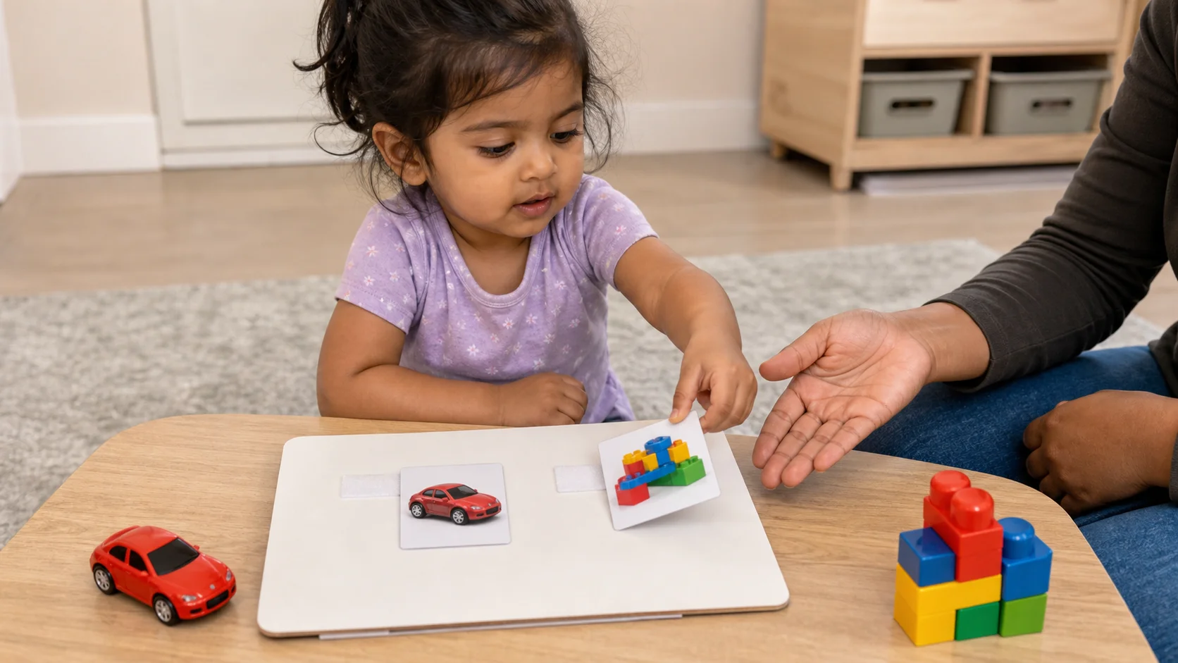 A child pointing to one of two toy pictures on a low choice board while the matching toys sit nearby.