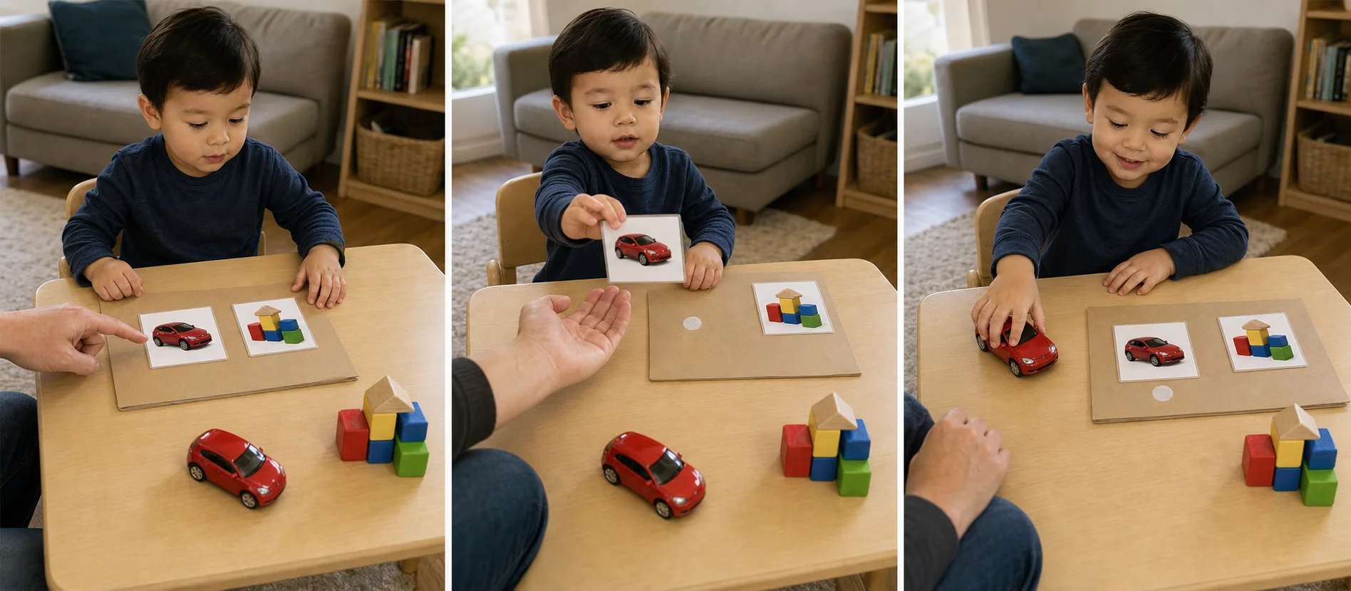 Four panels showing a grown-up placing two toy pictures, a child choosing one picture, the grown-up giving the matching toy, and the picture returning to the board.