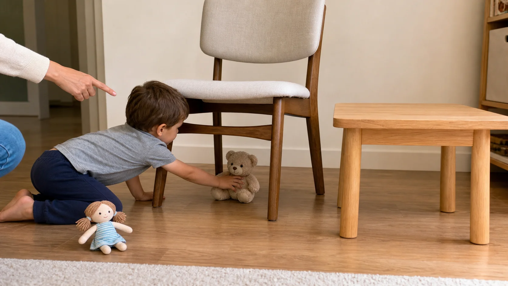 A toddler places a small teddy under a chair while a grown-up points to another toy beside a table.