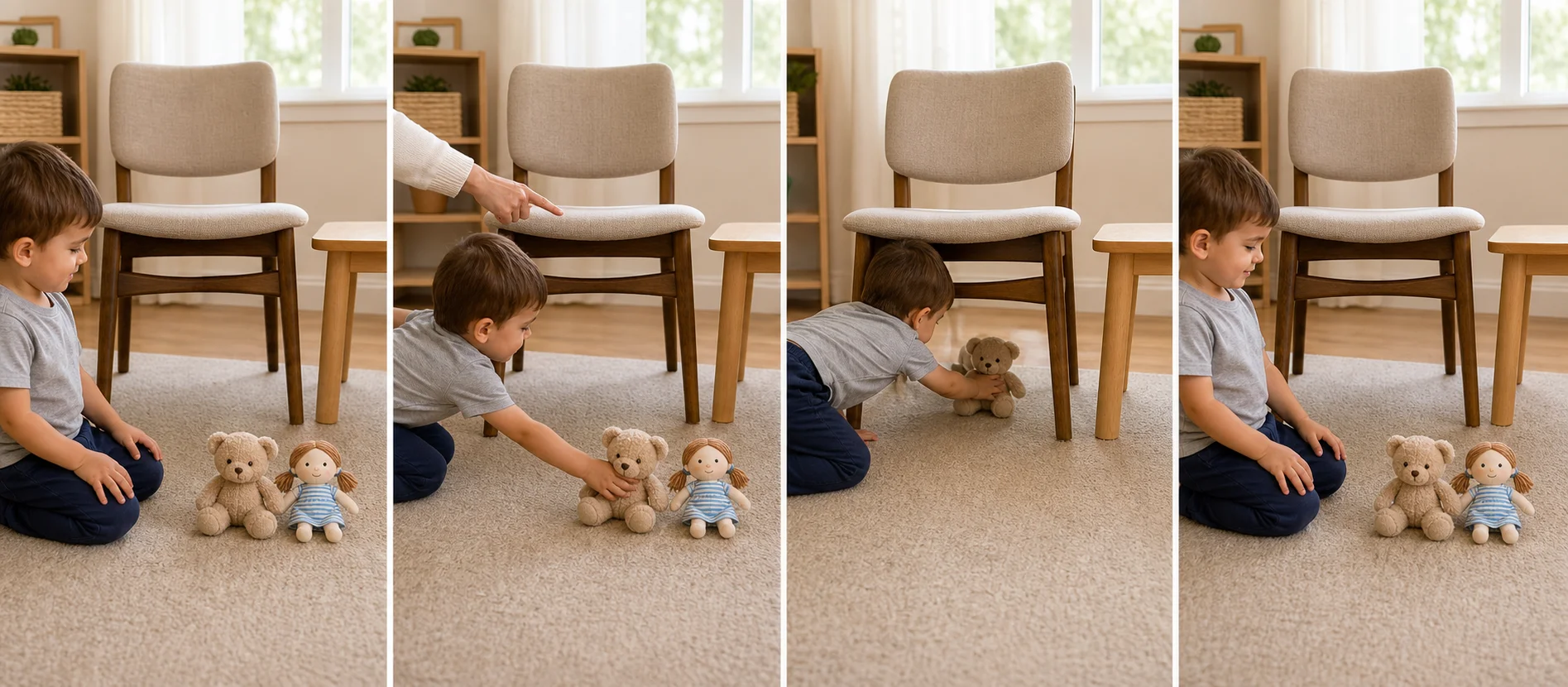 A four-panel play sequence showing two toys on the floor, a grown-up giving an on-or-under cue, the child placing the toy in the named spot, and the toy returning to the start for another turn.