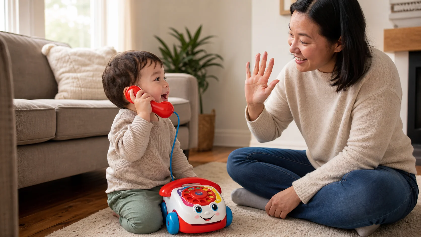 A toddler sitting on the floor holding a toy phone to the ear while a grown-up beside them models a smiling hello.