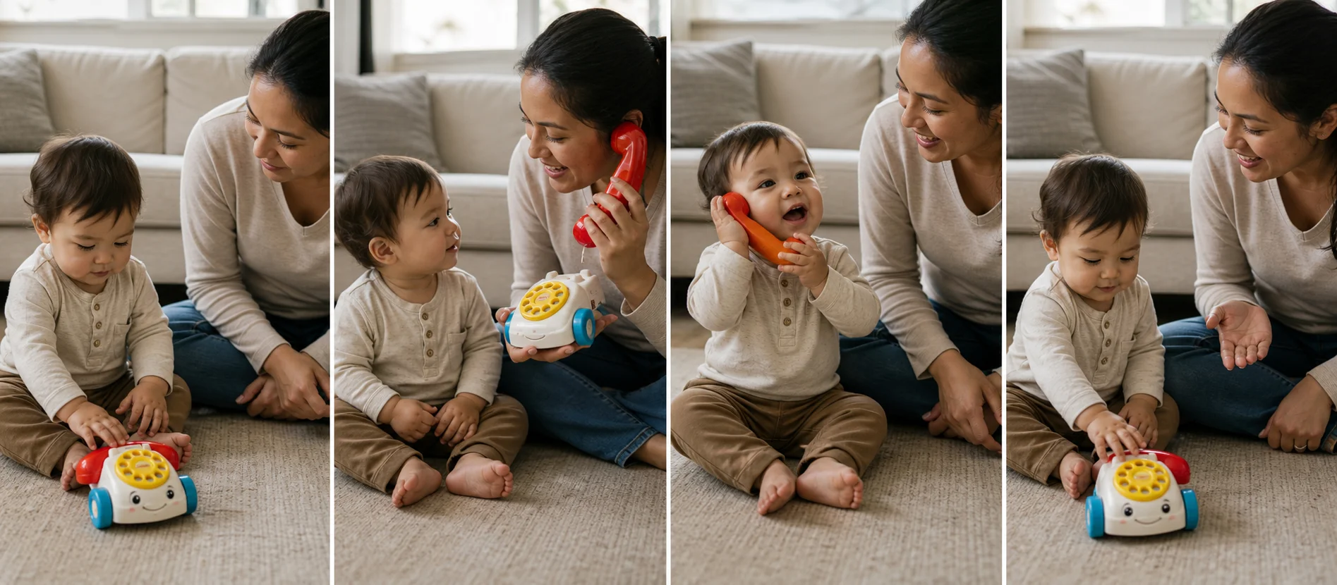 Four panels showing a toy phone on the floor, a grown-up modeling hello, a toddler picking up the phone to answer, and the phone being set down for another turn.