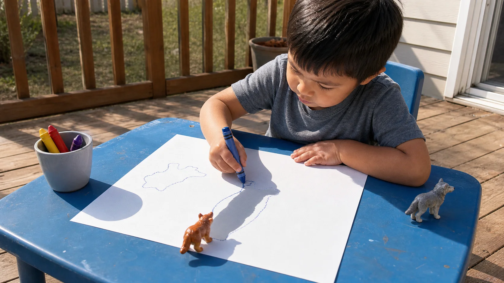 Toddler tracing the shadow of a small toy on a sheet of paper at a sunlit table.