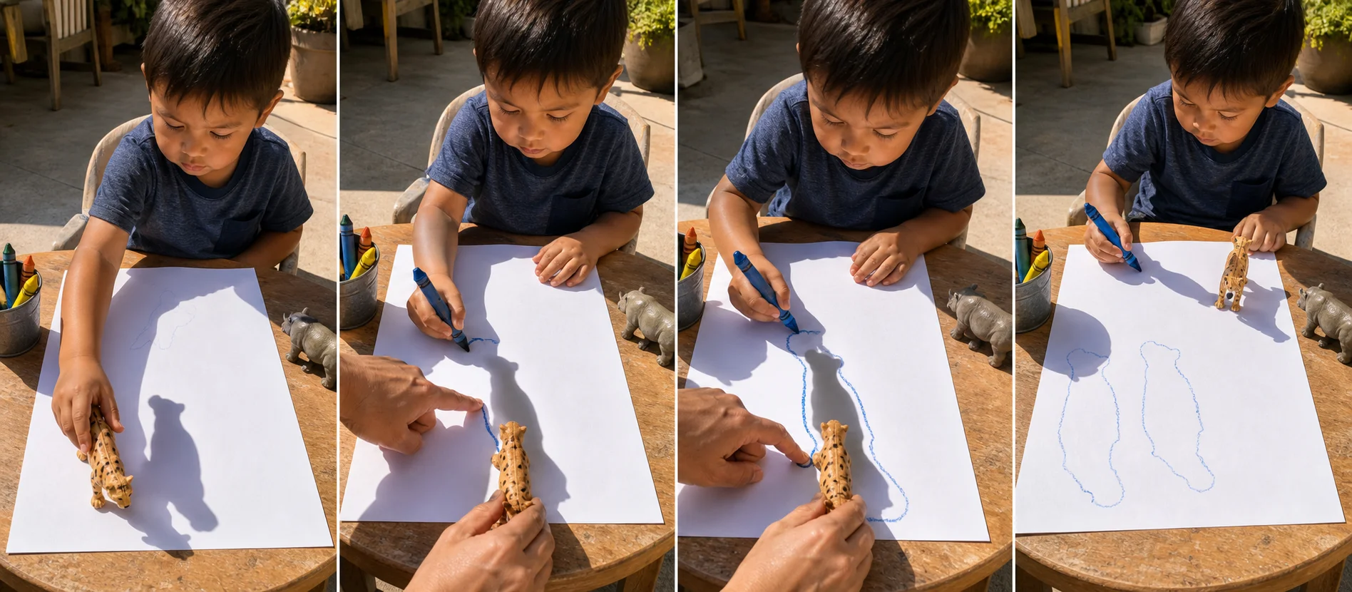 Multi-panel sequence showing a toy placed in the light, a clear shadow falling on paper, a child tracing the outline, and the toy moved for another shadow.