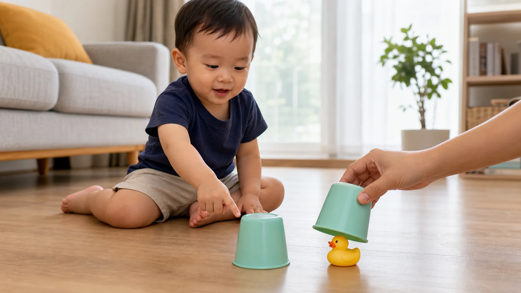 A toddler sitting on the floor points to one of two upside-down cups while a grown-up reaches to reveal a hidden toy.