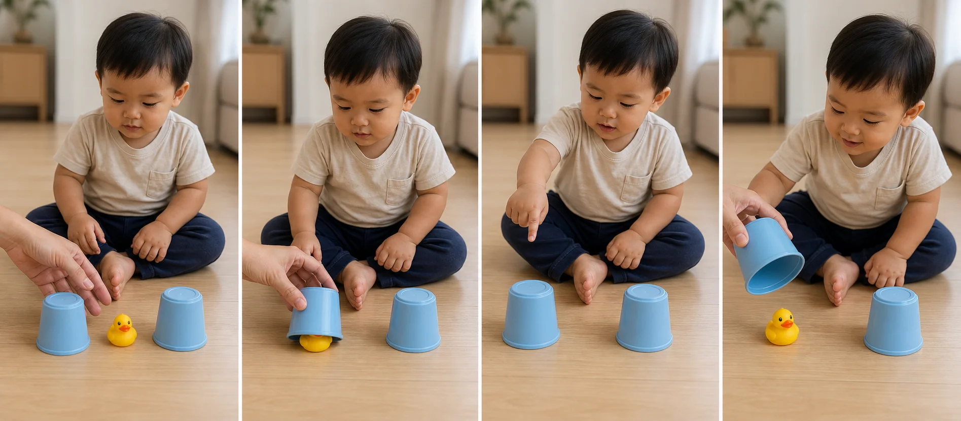 Four panels showing a toy in front of two cups, the toy hiding under one cup, the toddler pointing, and the toy being revealed.