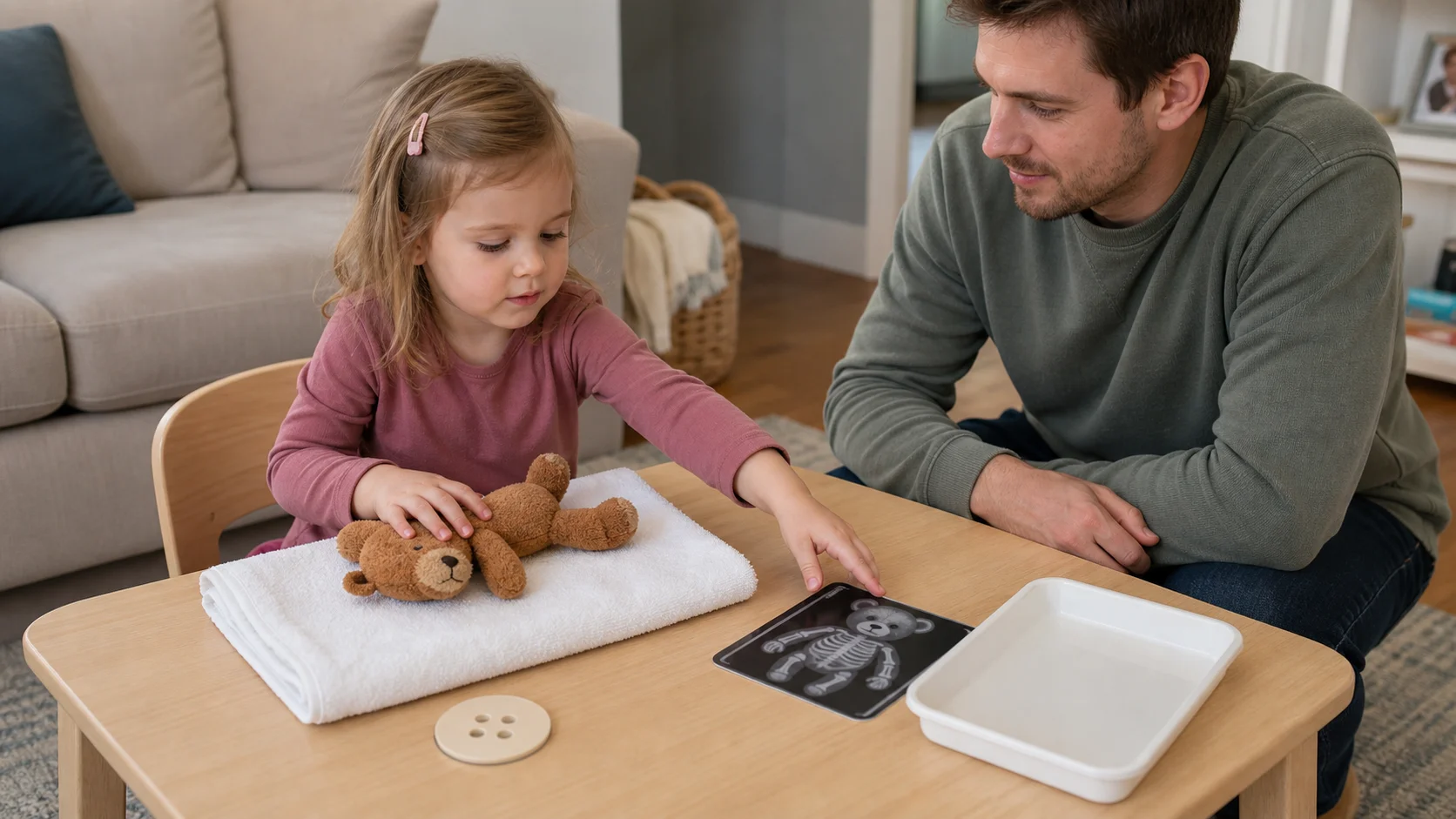 A toddler puts a stuffed animal on a small towel while a grown-up points to a paper button and x-ray card nearby.
