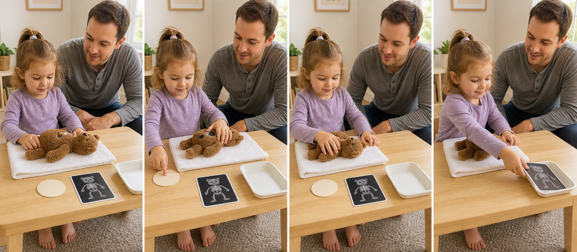 Four panels show a toddler placing a toy on a towel, pressing a pretend button, waiting through a short still moment, and sliding an x-ray card to a done spot.