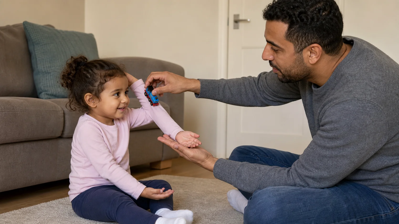 A grown-up and toddler sit face to face on the floor while a toy train rolls up the toddler's arm and down the other side.