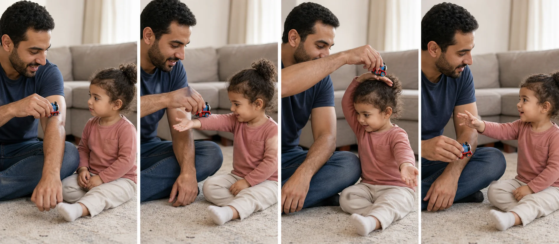 A multi-panel sequence showing a grown-up rolling a toy train on their own arm first, then along the toddler's arm path, pausing, and restarting after the toddler signals for more.
