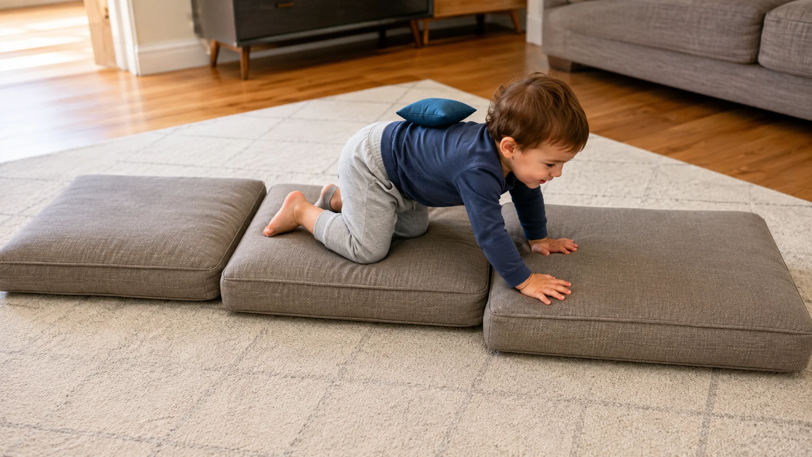 A toddler crawling over sofa cushions with a bean bag balanced on the back while a grown-up kneels nearby.